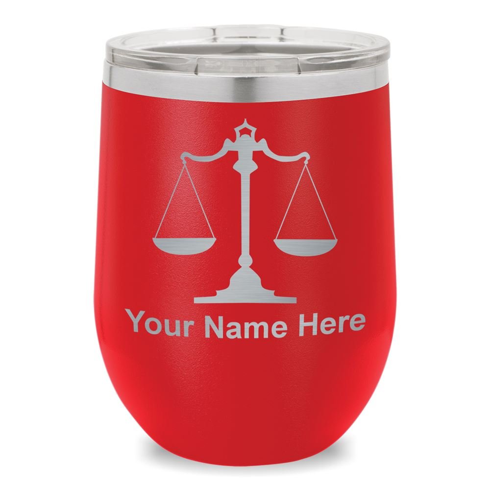 Personalized Engraved Wine Glass Tumbler with Law Scale Design - Perfect for Lawyers, Graduation Gifts & Home Bar Decor (Red)