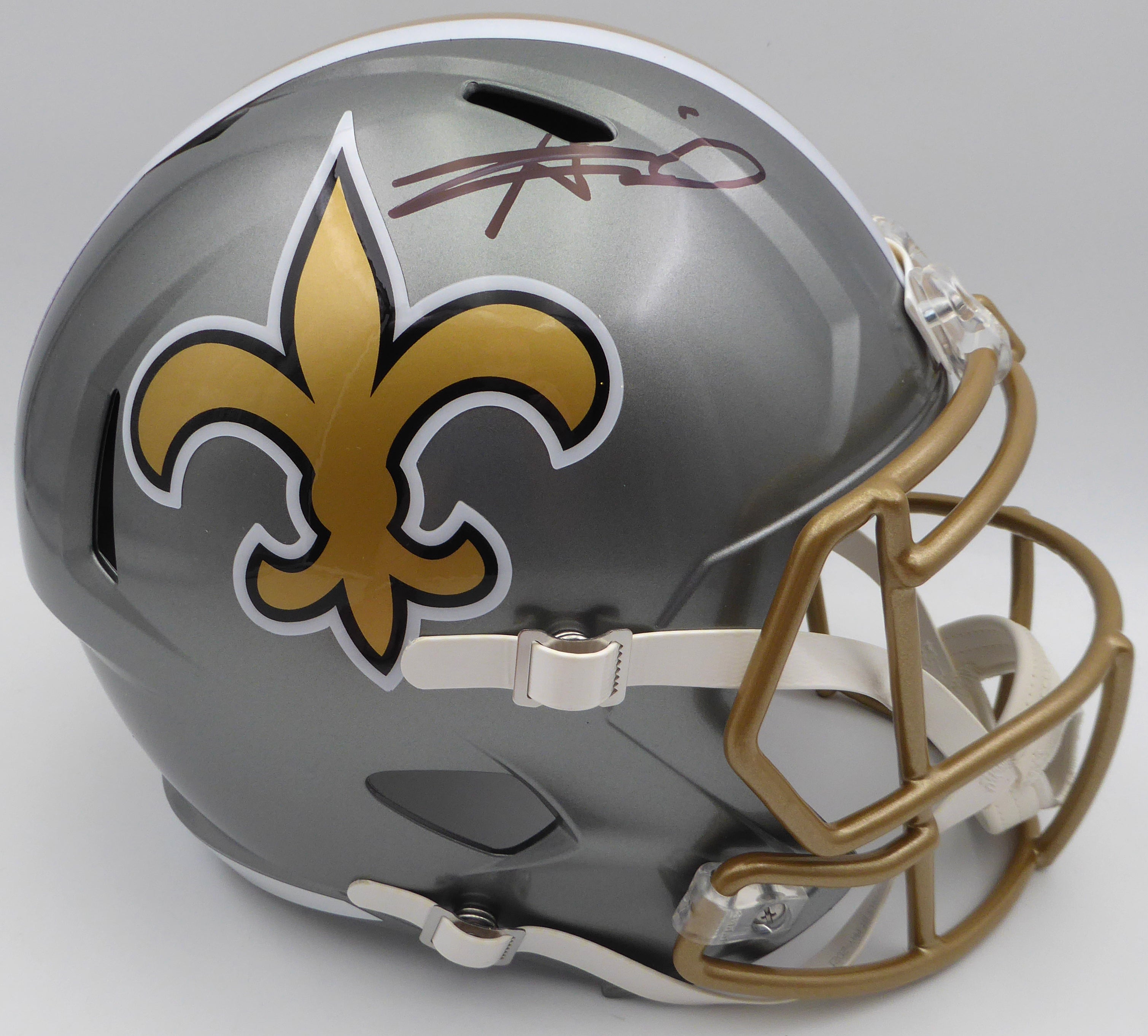 Alvin Kamara Autographed New Orleans Saints Full Size Replica Helmet - Beckett BAS Certified with QR Code #1W403173 - Perfect for NFL Fans, Collectors, and Sports Memorabilia Displays