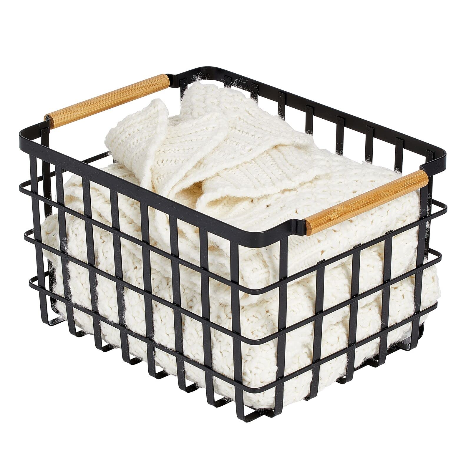 mDesign Metal Wire Storage Basket with Wood Handles - Closet Organizer for Bedroom, Bathroom, Entryway | Durable Home Organization Bin for Shelves, Cabinets | Yami Collection in Matte Black/Natural