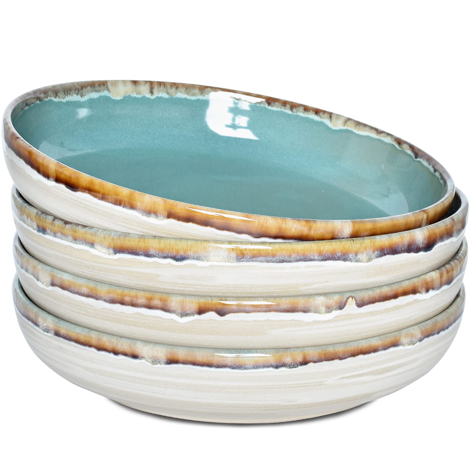 Bosmarlin 40oz Stoneware Pasta Bowls Set of 4 - Large Microwave & Dishwasher Safe Salad Bowls for Pasta, Soup, Cereal - Turquoise Green 9.3 Inch Serving Dishes for Family Dinners & Entertaining