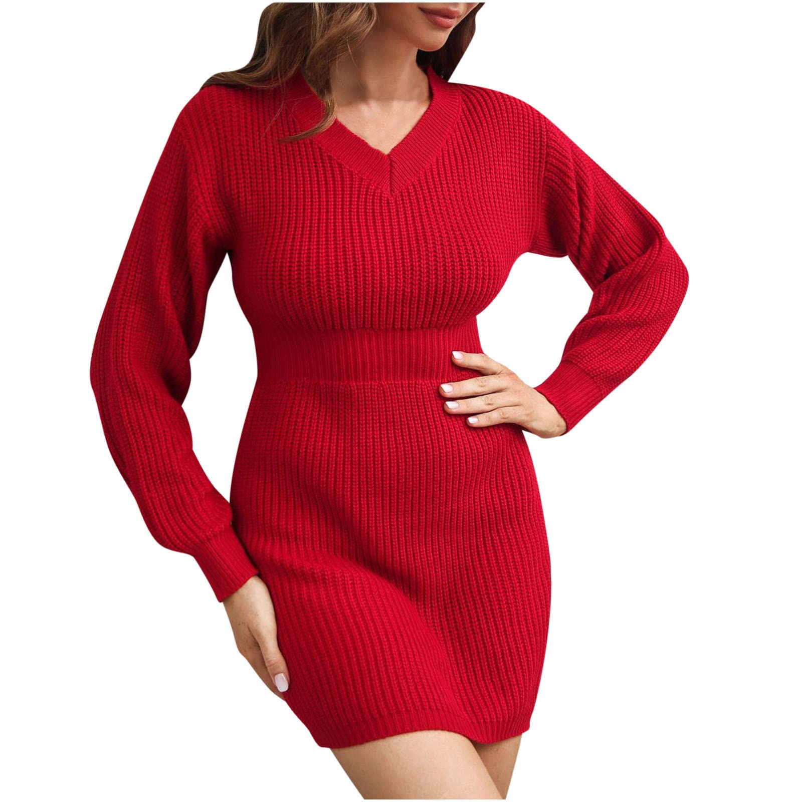 Women's Knit Fall Dresses & Sweaters - V Neck Long Sleeve Ribbed Mini Dress, Sexy Solid Color High Waisted Tunic - Perfect for Autumn Dates, Office Wear & Casual Outings