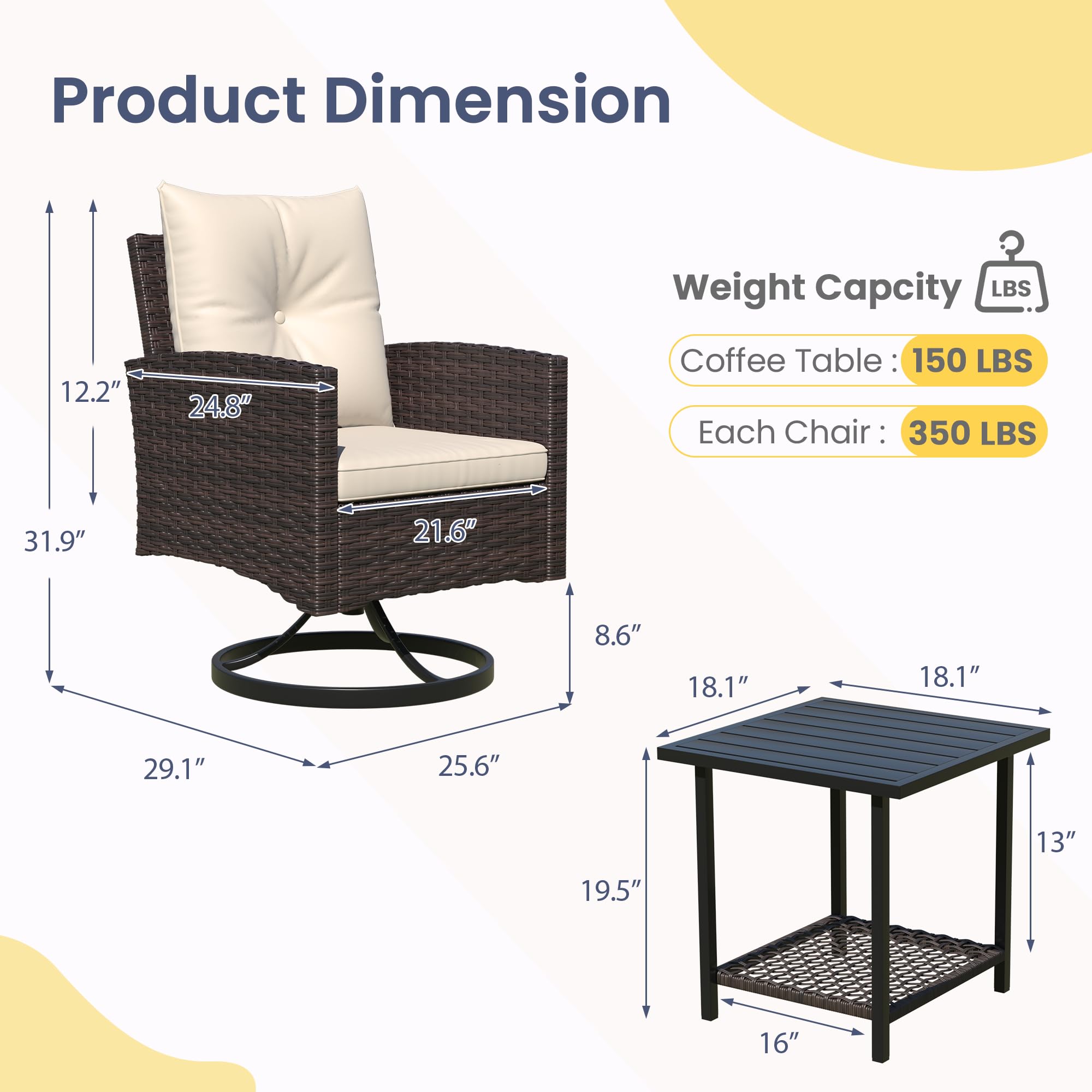 3-Piece Outdoor Patio Furniture Set with Swivel Rocking Chairs, Side Table & Washable Cushions - Beige - Perfect for Porch, Balcony, Deck, Garden and Backyard Relaxation