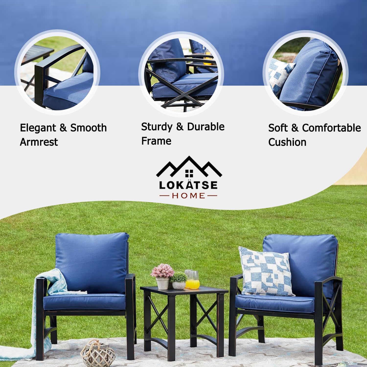 LOKATSE HOME 3-Piece Outdoor Patio Furniture Set - Metal Bistro Chairs with Cushions & Table in Blue | Perfect for Garden, Backyard, Poolside & Balcony Relaxation