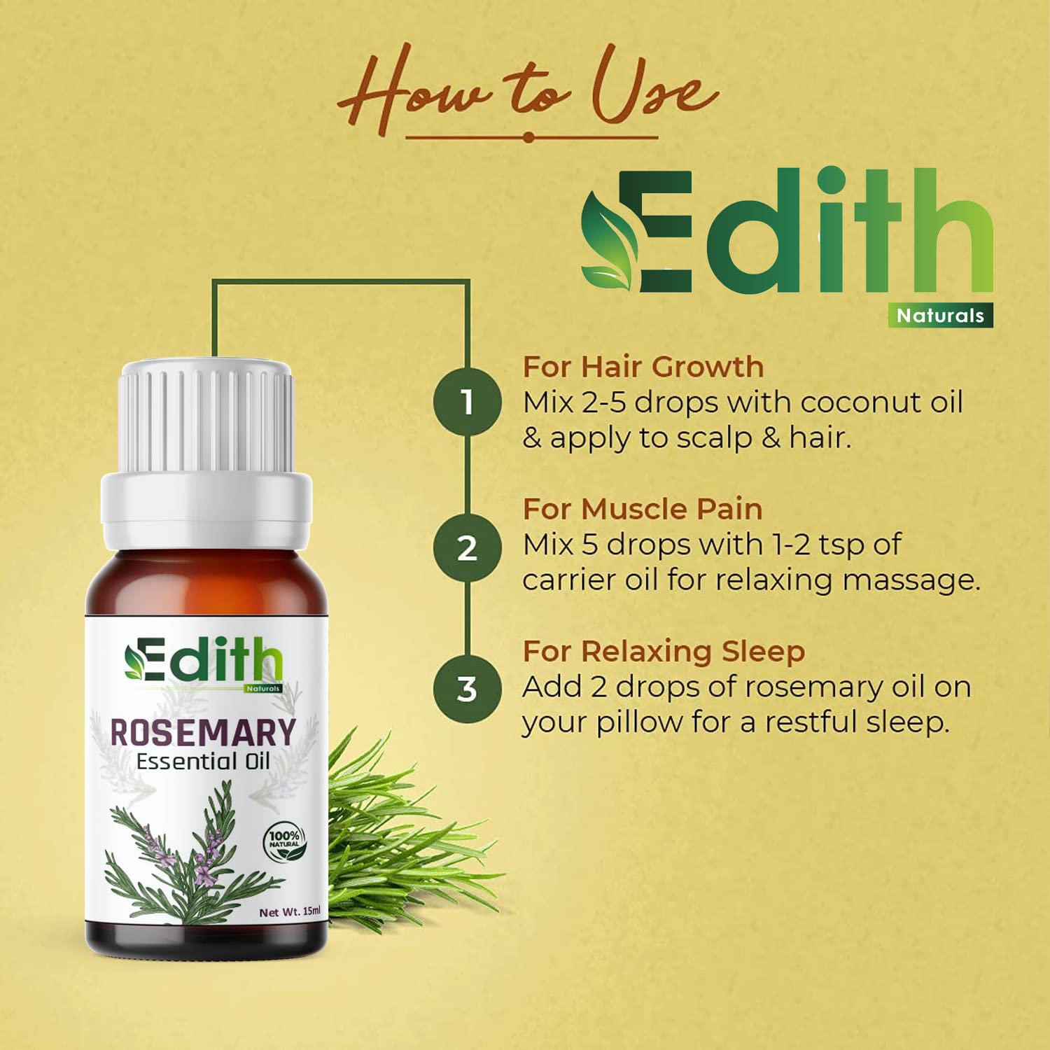 100% Pure & Natural Rosemary Essential Oil for Hair Growth, Skin Care & Aromatherapy - 15ml, Fragrance-Free, Undiluted - Perfect for DIY Beauty, Massage & Relaxation