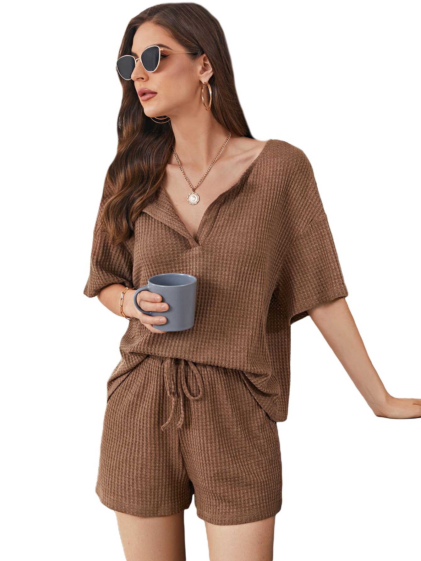 WDIRARA Women's Waffle Knit V-Neck Short Sleeve Top and Shorts Set - Casual Summer Outfit for Lounge, Yoga, and Beach Wear