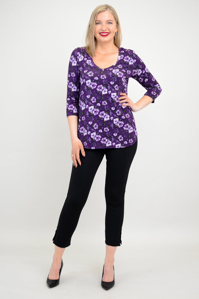 Jackie 3/4 Sleeve Bamboo Top with Hibiscus Print - Women's Comfortable & Breathable Shirt for Yoga, Beach & Summer Outfits