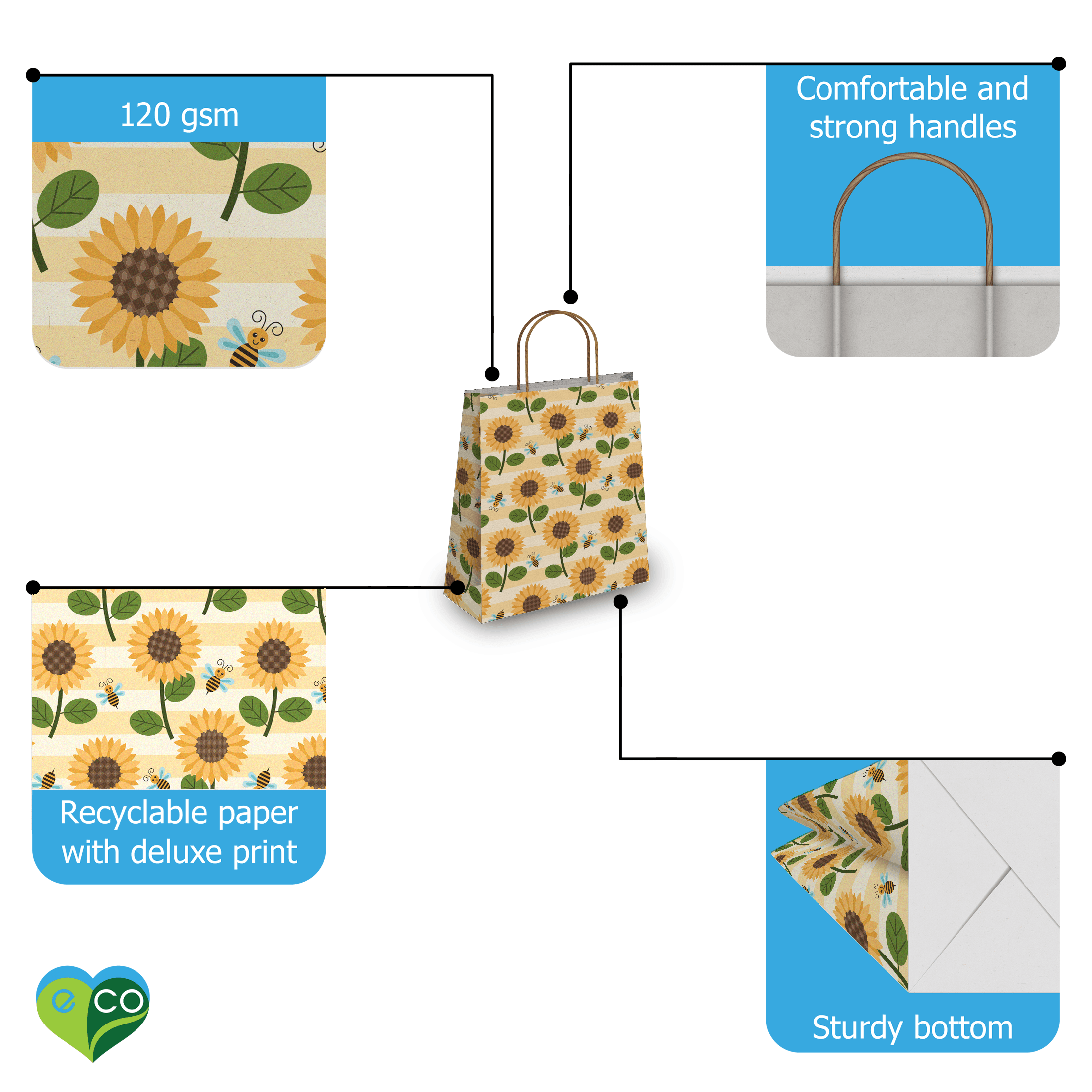 Eco-Friendly Sunflower Kraft Gift Bags - Assorted Sizes (5-Pack) - Perfect for Birthday Parties, Baby Showers & Wedding Favors