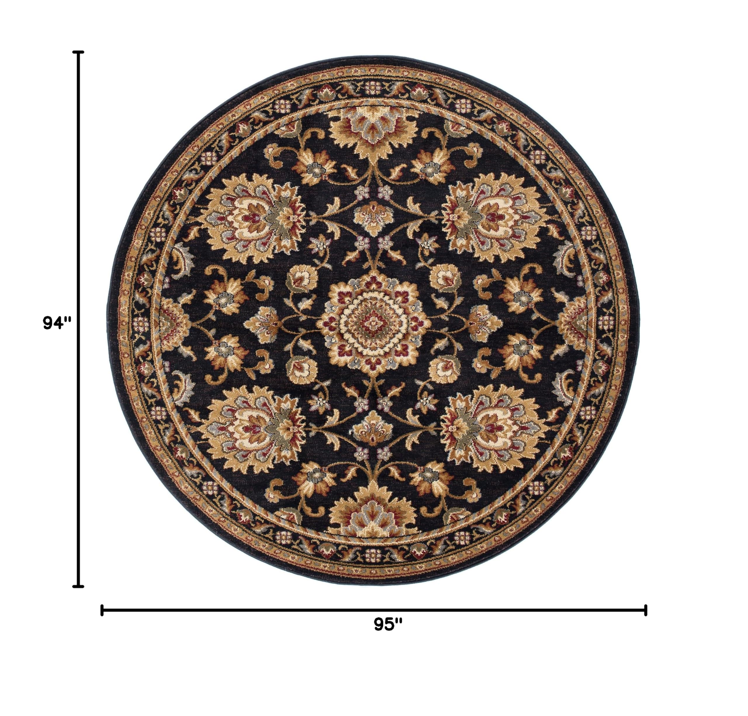 8ft Round Indoor Area Rug for Living Room, Dining Room, Bedroom & Entryway - Traditional Oriental Black Carpet (7'11