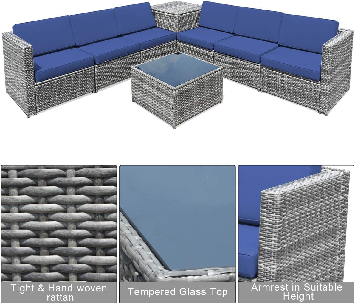 8-Piece Outdoor Patio Furniture Set - PE Rattan Conversation Sofa with Coffee Table, Cushions & Storage Box - Durable Wicker Sectional Set for Garden, Backyard, Poolside & Outdoor Entertaining