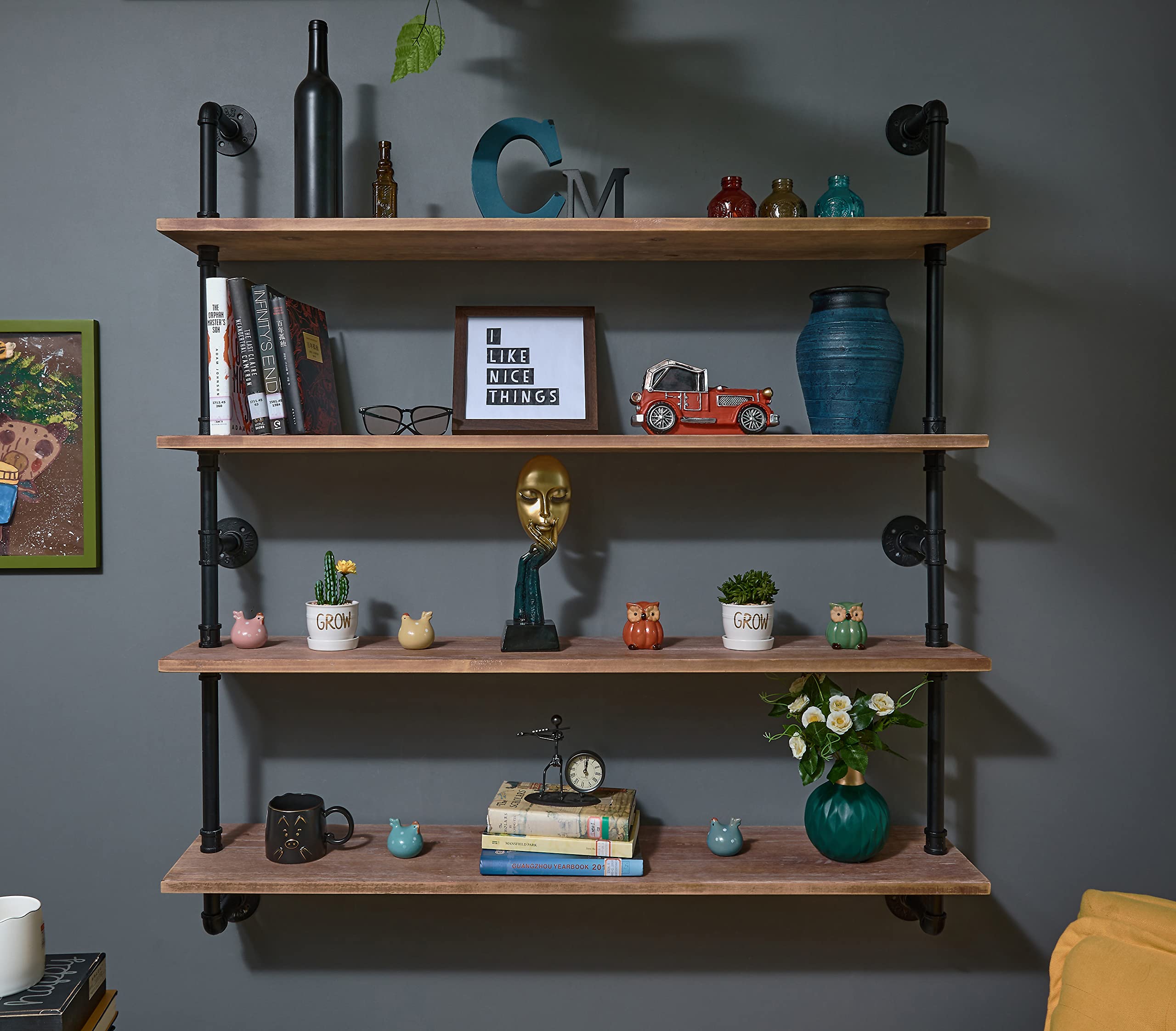 Industrial Pipe Floating Bookshelf - 48 Inch Rustic Wood Wall Shelf for Farmhouse & Kitchen Decor | Perfect for Organizing Books, Spices, and Displaying Decor Items