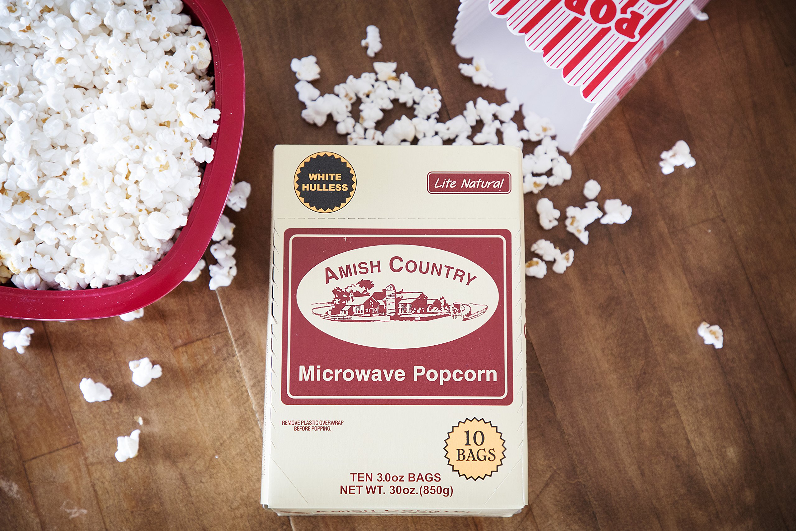 Amish Country Popcorn - Old Fashioned Microwave Popcorn, 10 Bags Lite Natural White Hulless - Non-GMO, Gluten Free, Kosher Certified | Perfect for Movie Nights, Healthy Snacking & Family Gatherings