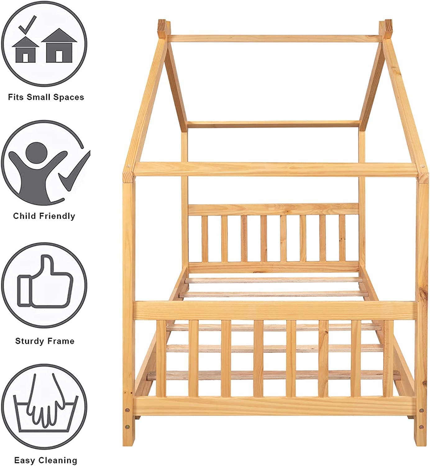 Harper & Bright Designs Twin House Bed for Kids - Wooden Floor Bed Frame with Headboard & Footboard - Montessori Style Toddler Bed for Boys & Girls - Natural Finish - Perfect for Small Rooms & Play Areas