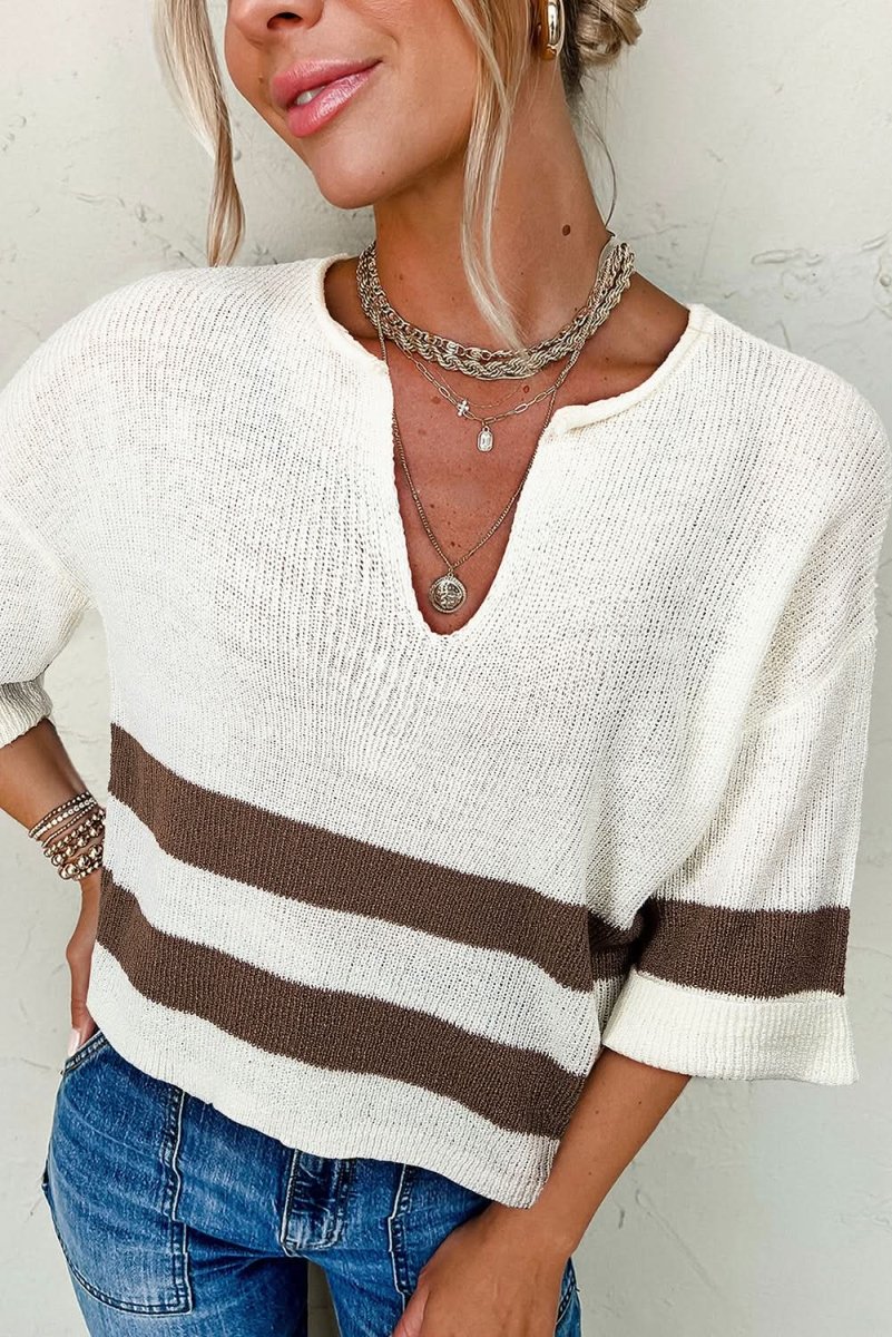 Brown Striped Notched V-Neck Cropped Sweater T-Shirt for Women | Casual Spring & Fall Layering Top | Perfect for Date Nights & Coffee Outings