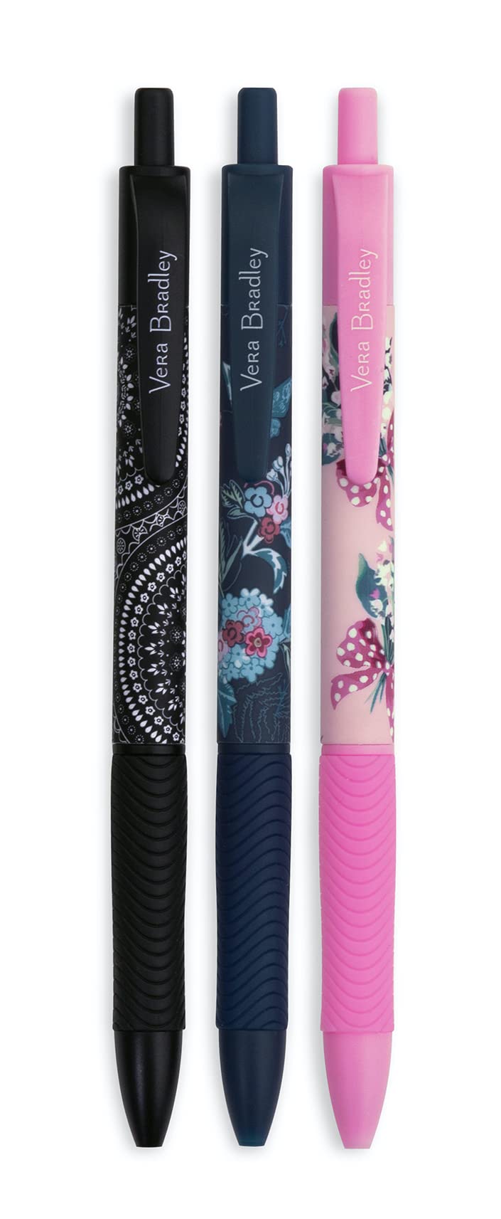 Vera Bradley Black Ink Pen Set of 3 - Colorful Retractable Click Pens with Zip Pouch | Office, School & Travel Writing Essentials | Fall 22 Medley Collection