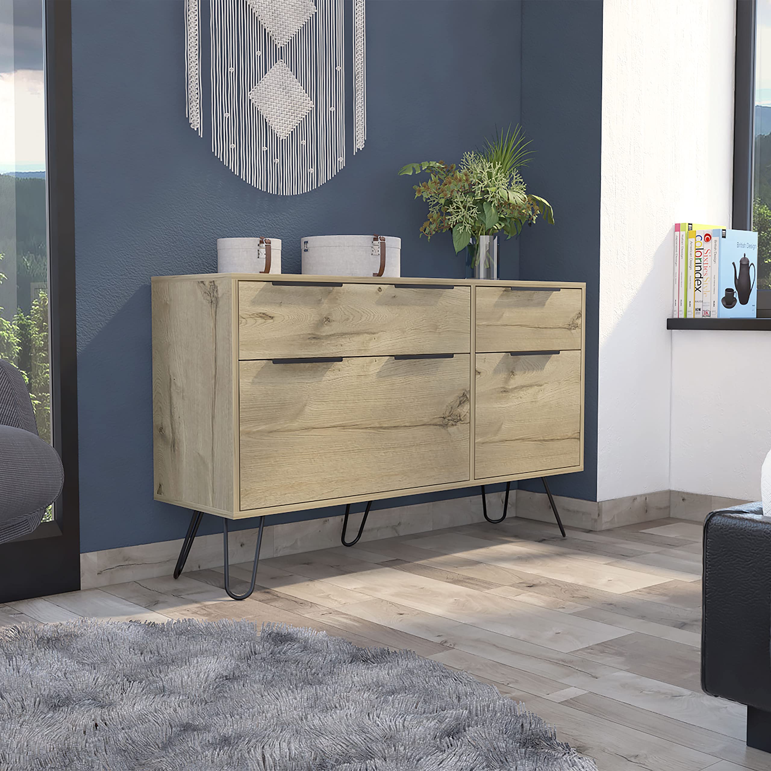 FM FURNITURE Monaco Double Dresser with 4 Drawers - Modern Light Oak Wood Bedroom Storage Furniture with Hairpin Legs & Durable Top - Perfect for Bedroom, Nursery or Closet Organization
