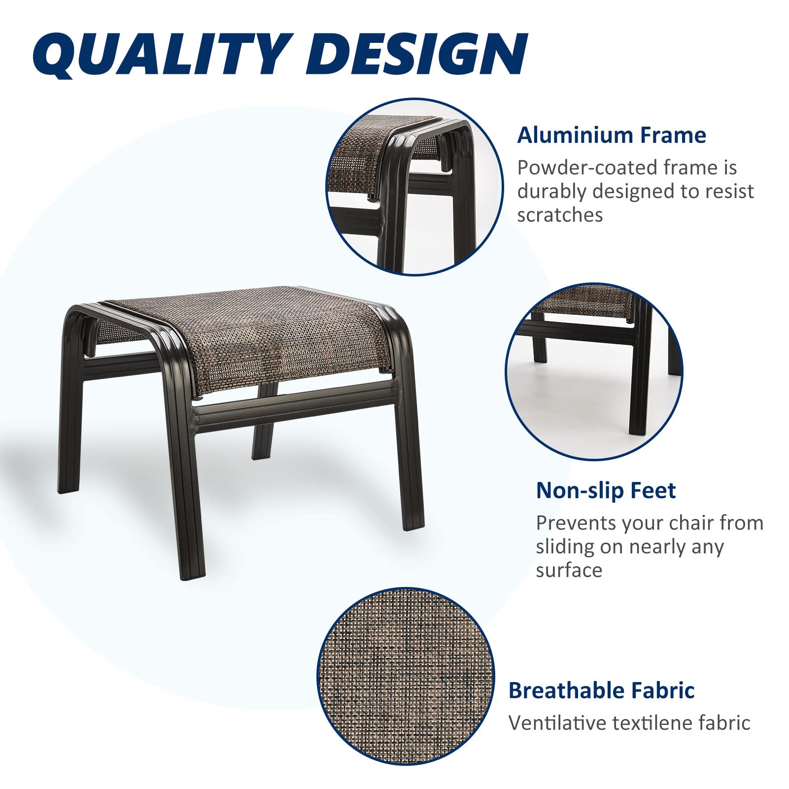 Outdoor Patio Foot Rest Ottoman - Textilene & Metal Portable Footstool - Set of 2 Brown - Perfect for Garden, Deck, Poolside & Patio Relaxation