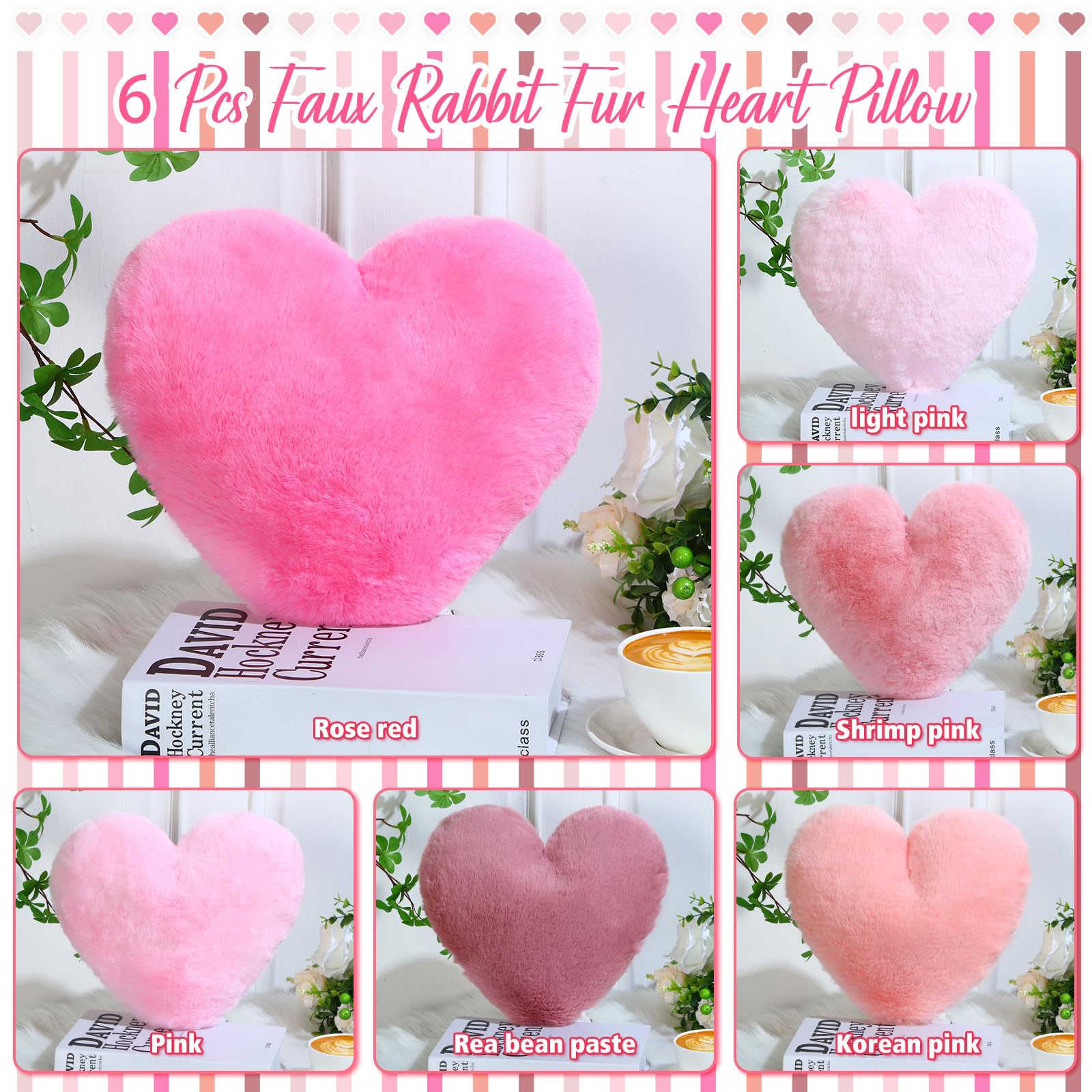 Liliful 6-Piece Faux Rabbit Fur Heart Pillows - Soft Fluffy Decorative Throw Cushions for Bed, Sofa & Couch (12x11 Inch, Pink) - Perfect for Girls' Rooms, Valentine's Day Gifts & Cozy Home Decor