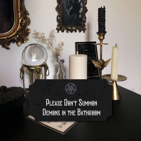 Flinelife 'Please Don't Summon Demons in The Bathroom' Sign - 12x6 Inches - Gothic Witchy Bathroom Wall Art Decor - Funny Novelty Sign for Halloween, Witch Aesthetic & Spooky Home Decor