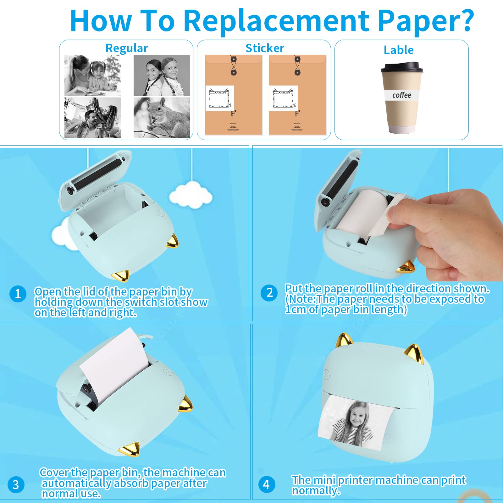HuiJuKeJi Mini Sticker Printer - Portable Bluetooth Thermal Printer for iOS & Android with RGB Light, 10 Rolls Thermal Paper & Sticker - Perfect for Photo Journaling, Notes, Memos & Receipt Printing at Home, Office or Travel