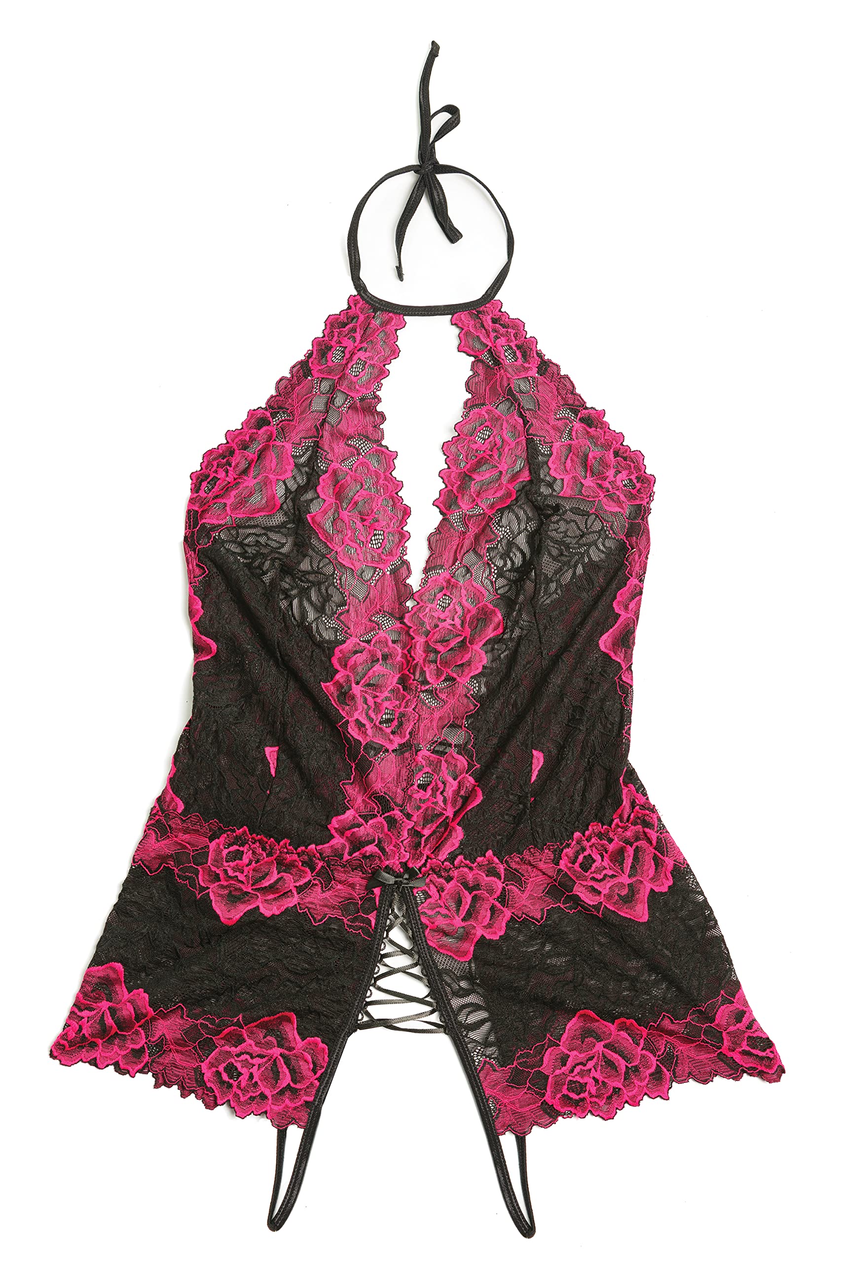 Coquette Women's Rose Lace Teddy Lingerie - Black & Fuchsia - Extra Large Size - Romantic Nightwear for Valentine's Day & Special Occasions