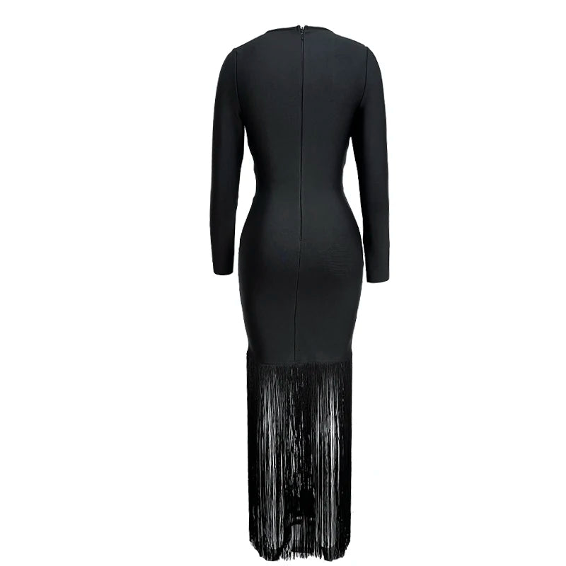 Sexy Black Rose Red Pink Women's Long Sleeve Square Neck Tassel Bodycon Bandage Dress for Nightclub, Party & Celebration - Perfect for Clubbing, Date Nights & Special Occasions