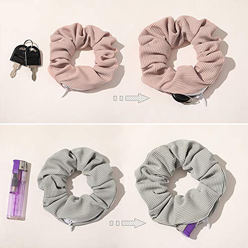 BeautyBigBang Hidden Pocket Hair Scrunchies - Elastic Hair Ties with Zipper Storage for Keys & Small Items (Gray/White/Pink/Black) - Perfect for Women & Girls On-the-Go, Gym, Travel & Everyday Use