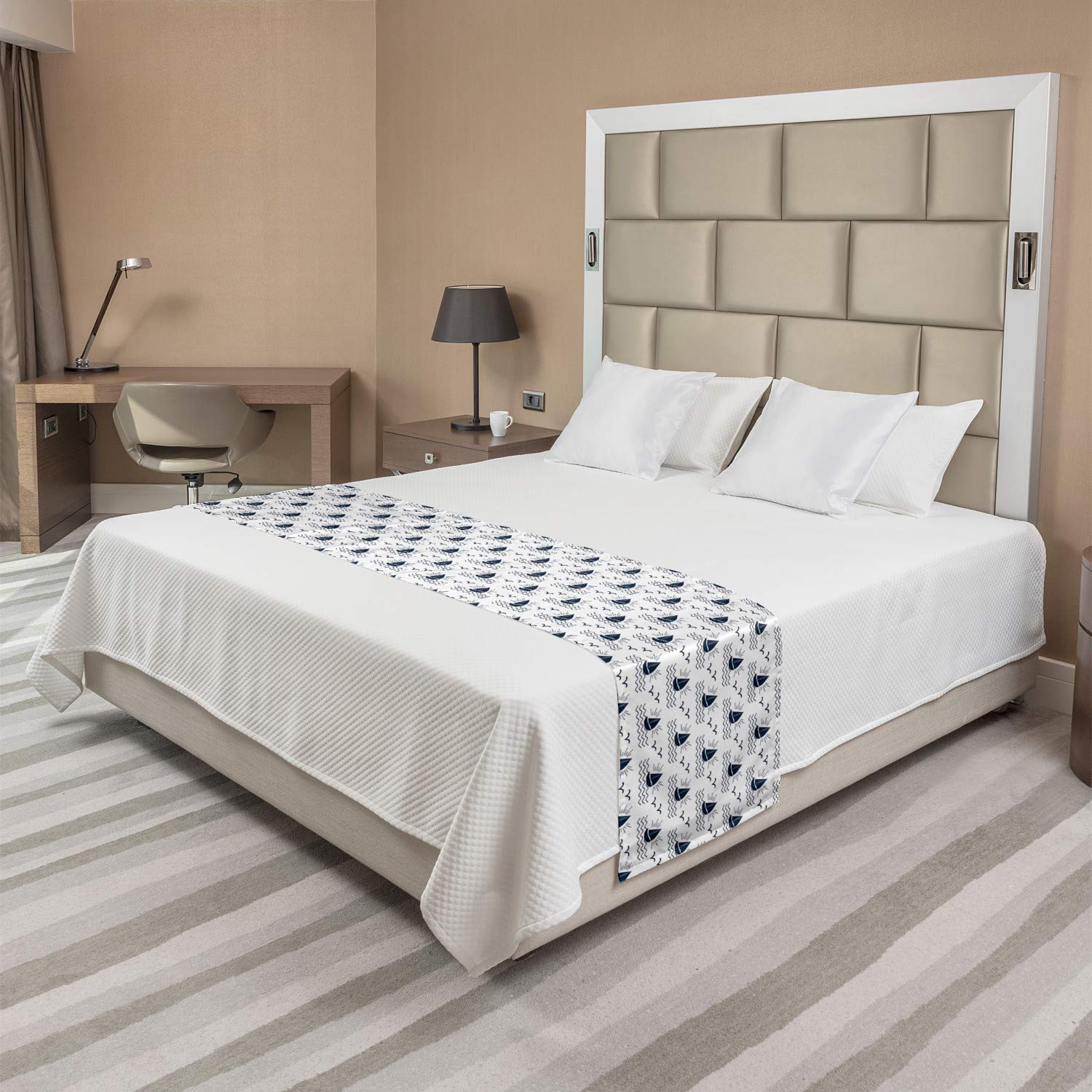 Ambesonne Sailing Bed Runner - Nautical Waves Sailboat Seagulls Design - Decorative Bed Scarf for Home, Hotel & Guestroom Decor - Dark Violet Blue White - Perfect for Coastal & Beach Themed Bedrooms