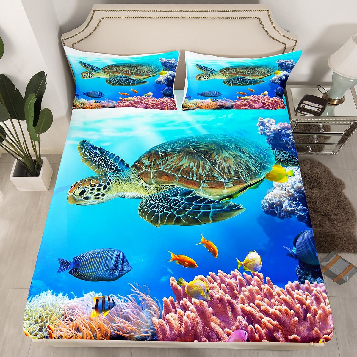 Manfei Sea Turtle Twin Sheet Set - Ocean Animal Themed Bedding for Kids & Teens - Marine Mediterranean Style Blue 3-Piece Set (Fitted Sheet, Flat Sheet, Pillowcase) - Perfect for Beach Themed Rooms & Coastal Decor