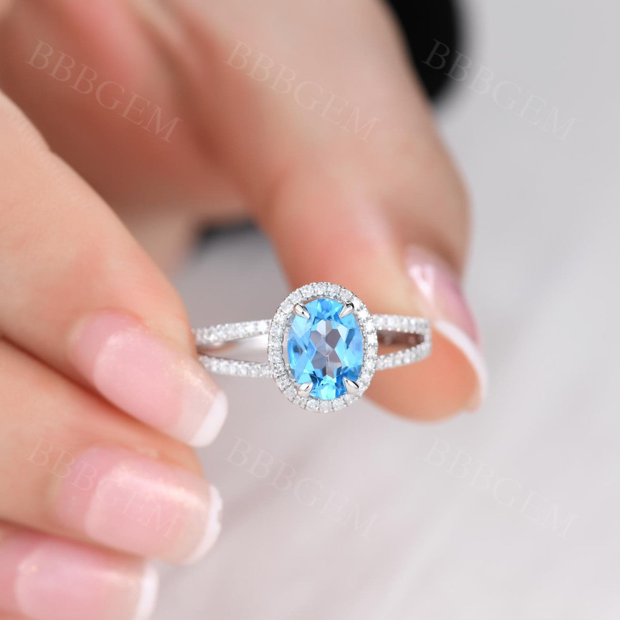 14K White Gold Sky Topaz and Diamond Engagement Ring, 6x8mm Custom Bridal Wedding Promise Ring, Handcrafted Fine Jewelry with Prong Setting - Perfect for Proposals, Anniversaries, and Special Occasions