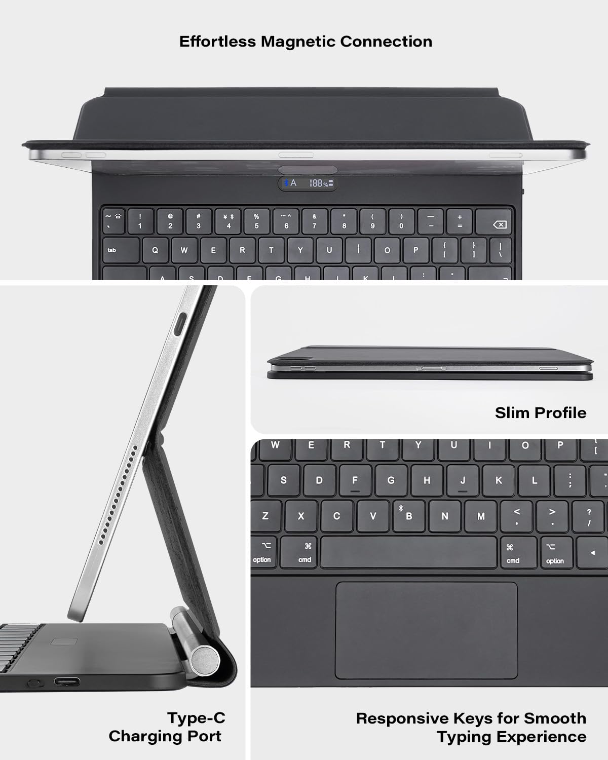 A2C Magnetic Keyboard Case for iPad Pro 13-inch (2024 M4) - Ultra Slim Bluetooth Keyboard with Backlit Keys, Multi-Touch Trackpad & Floating Stand | Perfect for Work, Study & Travel | Black