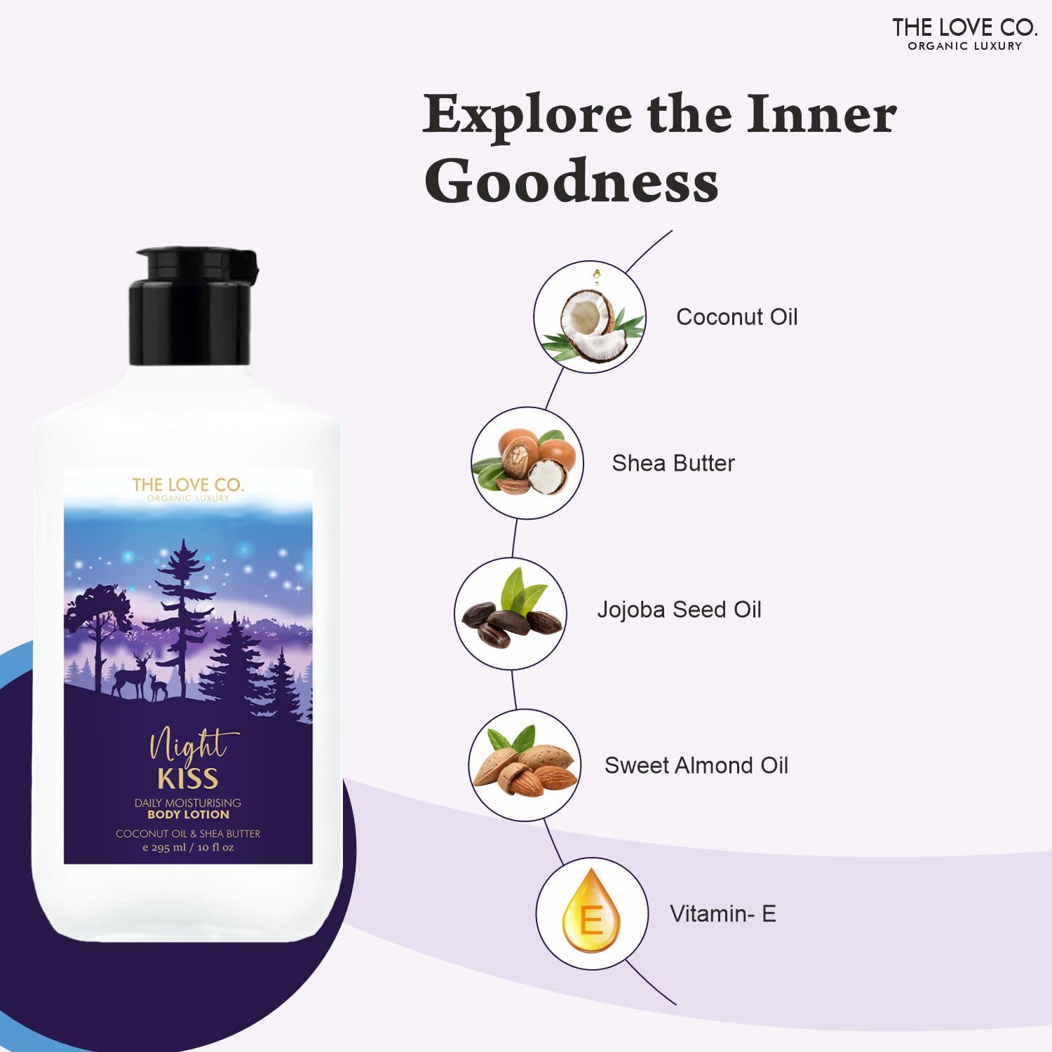 THE LOVE CO. Body Lotion for Dry Skin - Moisturizing Cream with Jojoba Oil, Shea Butter & Vitamin E - Hydrating Lotion for Women & Men - 10 fl oz (Night Kiss) - Perfect for Nighttime Skincare & Daily Hydration