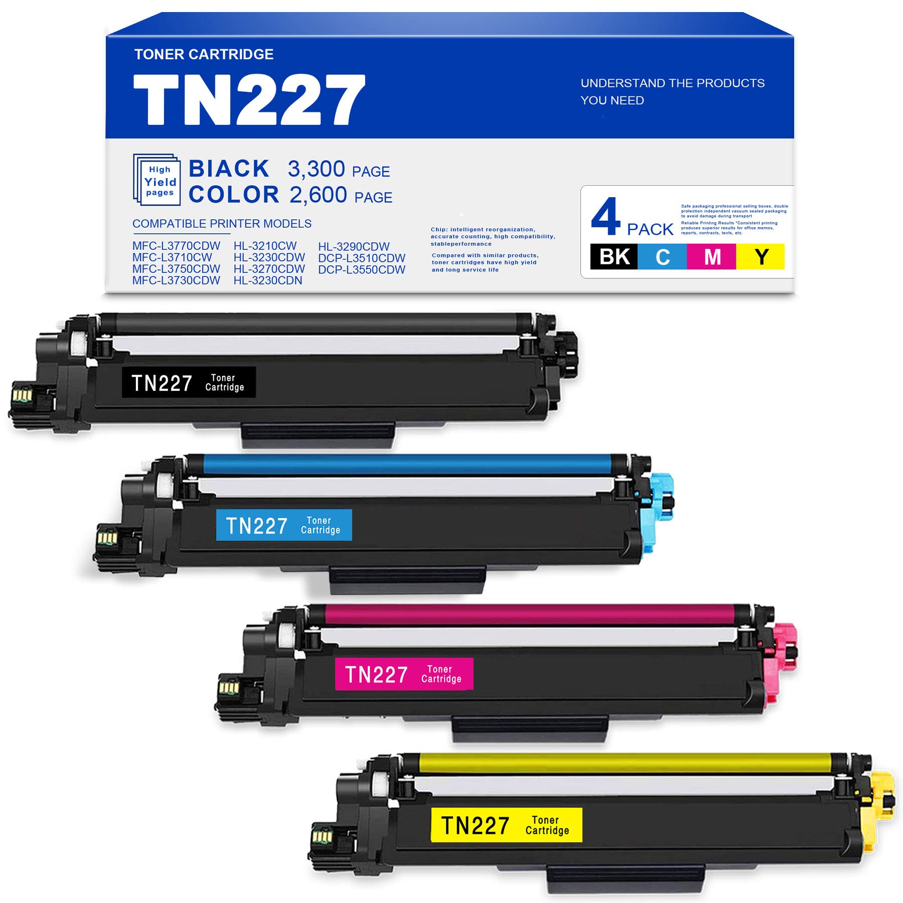 TN227 Toner Cartridge 4-Pack for Brother Printers - MFC-L3770CDW, HL-3210CW & More - Home/Office Use