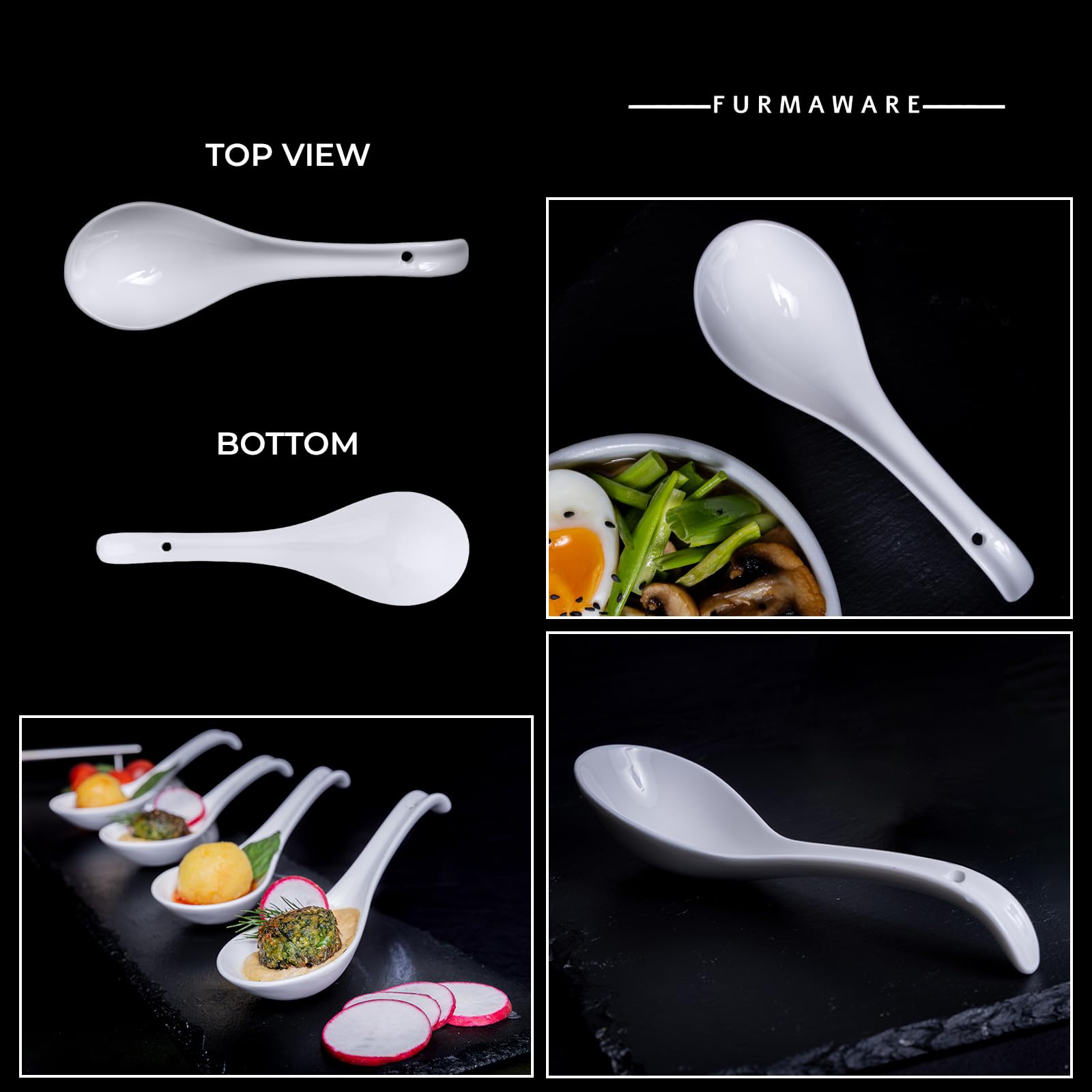 Japanese Soup Spoons 6-Piece Set - Fine Porcelain for Ramen, Pho & Noodles