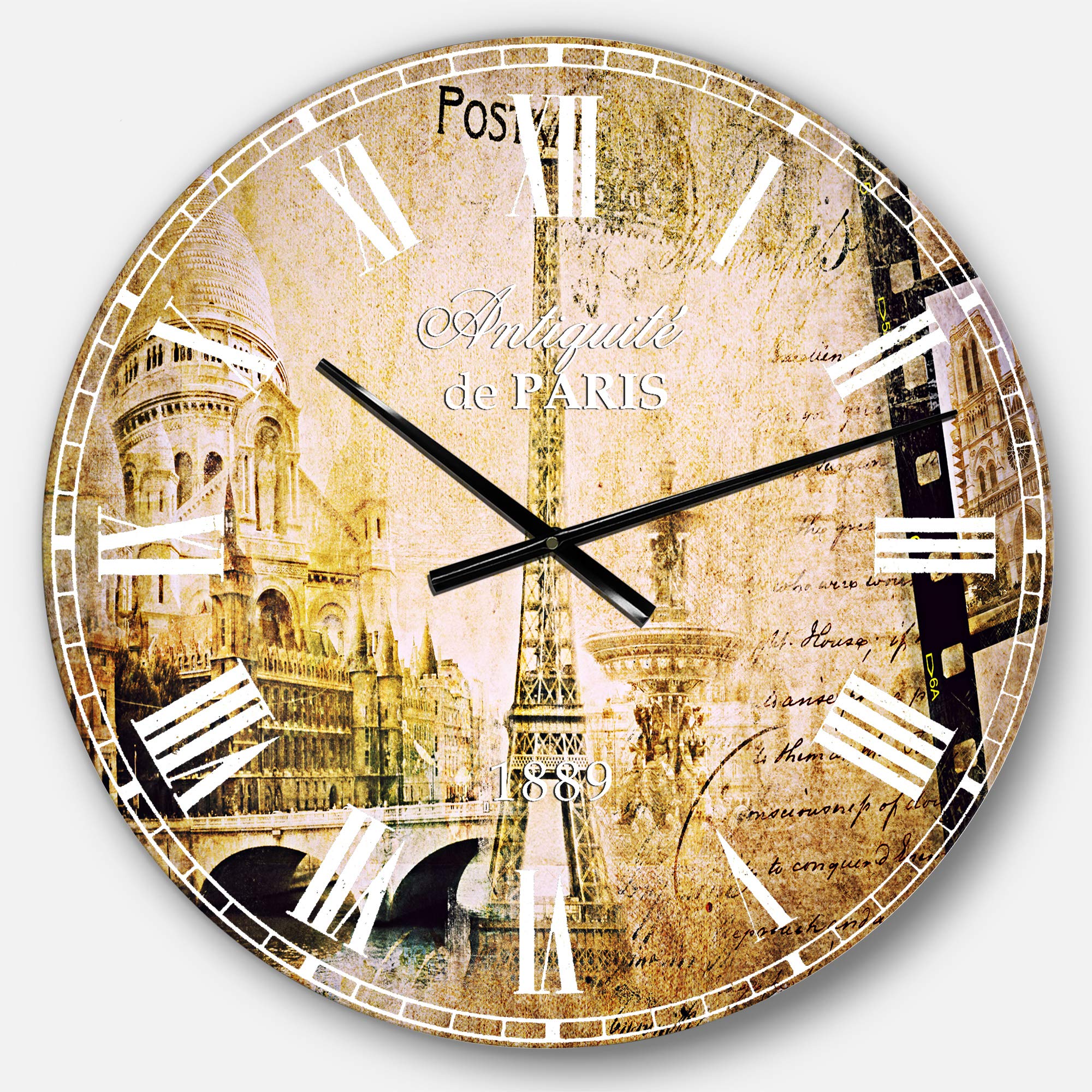 Designart Paris Memories Wall Art - French Country Round Metal Wall Clock for Home Decor | Perfect for Living Room, Bedroom & Office | Vintage Style Decorative Clock for Wall Décor