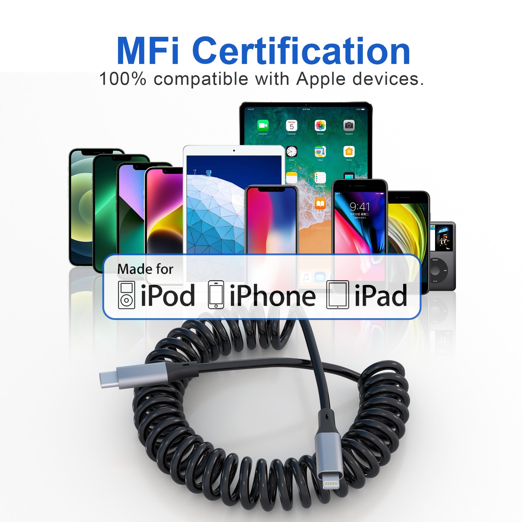 MFi Certified Coiled USB-C to Lightning Cable - Fast Charging & Data Sync for iPhone, iPad, iPod - Short Retractable Apple CarPlay Compatible Cord (Perfect for Car, Home & Office Use)