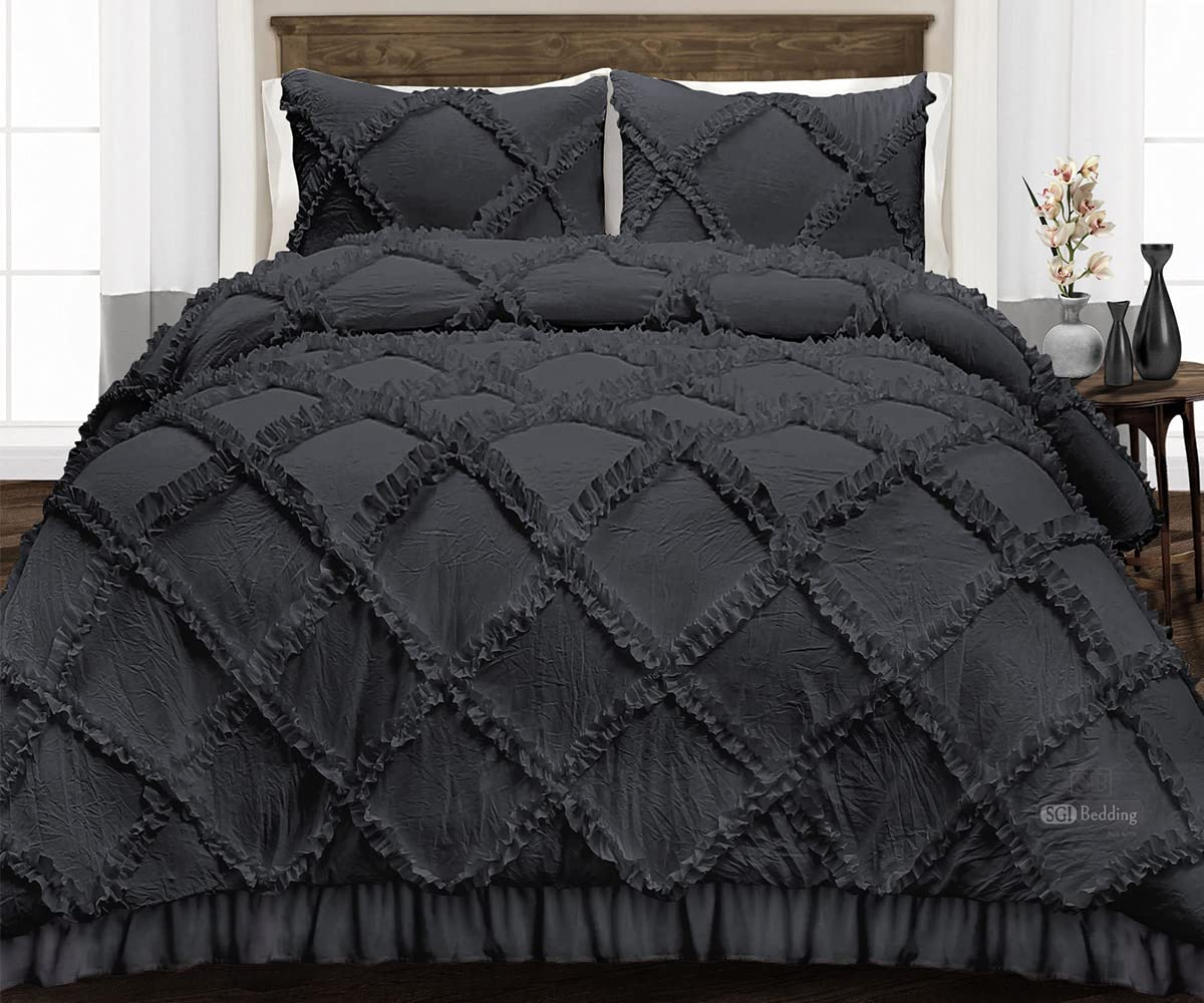 Luxury SGI Super King Plus Comforter - 300 GSM Plush Siliconized Microfiber Fill with 1000 TC Egyptian Cotton Shell, Diamond Ruffle Design in Dark Grey - Ultra Soft Duvet Insert with Piping & Matching Pillowcases - Perfect for Master Bedroom, Guest Room or Cozy Winter Nights