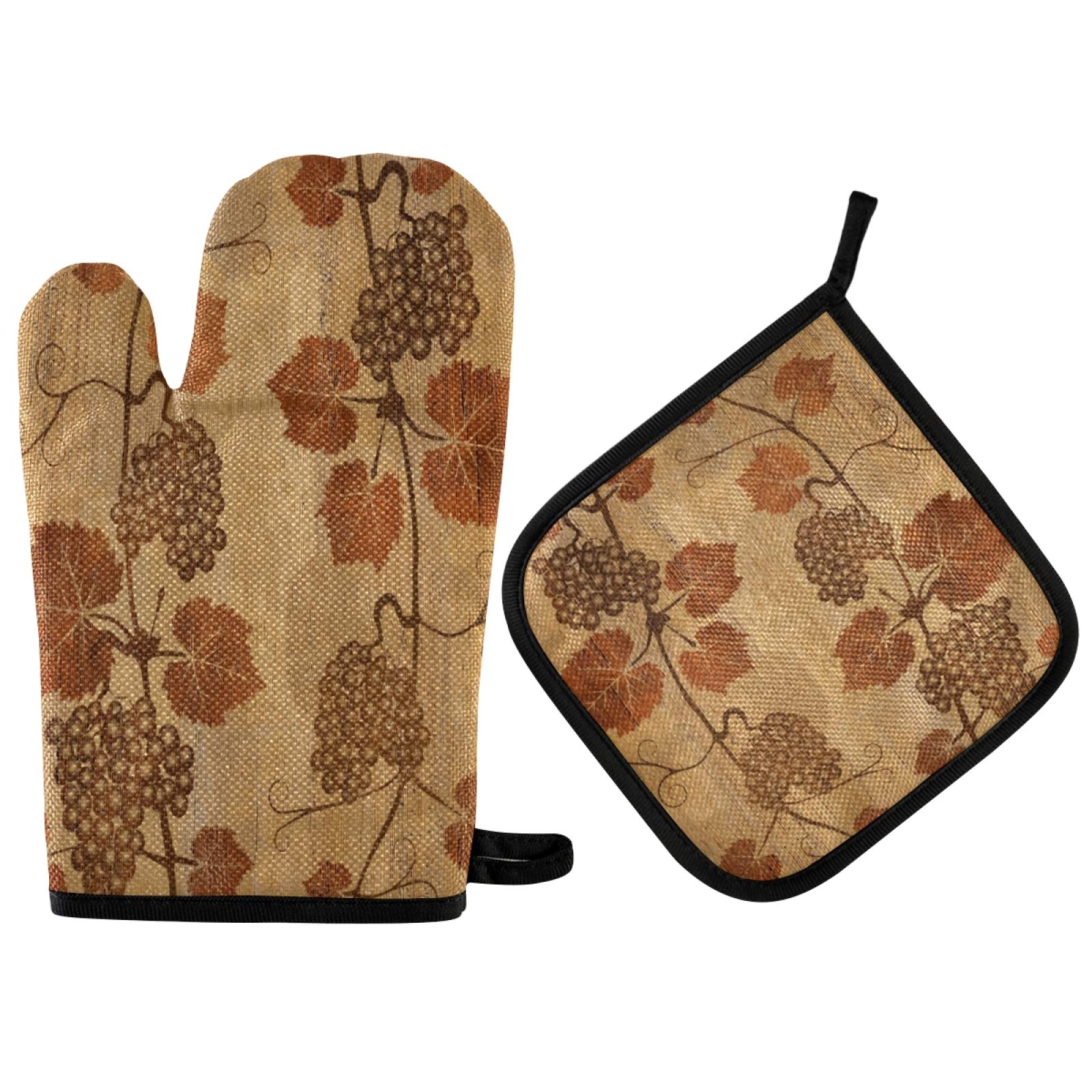 Retro Grape Leaf Non-Slip Heat Resistant Oven Mitts & Pot Holders Set - Polyester Kitchen Baking Gloves for Hand & Wrist Protection - Perfect for Baking, Cooking, Grilling & Serving Hot Dishes