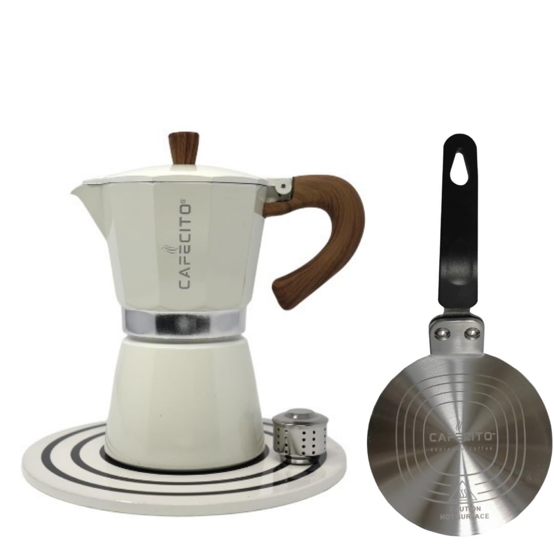 Premium Cuban Coffee Starter Kit - 6 Cup Moka Pot Set with Induction Base | Authentic Cafetera Greca Cubana Stovetop Espresso Maker | Includes Ceramic Sandstone Filter & Anti-Splash Valve (Crema) | Perfect for Home Brewing, Camping & Gifts