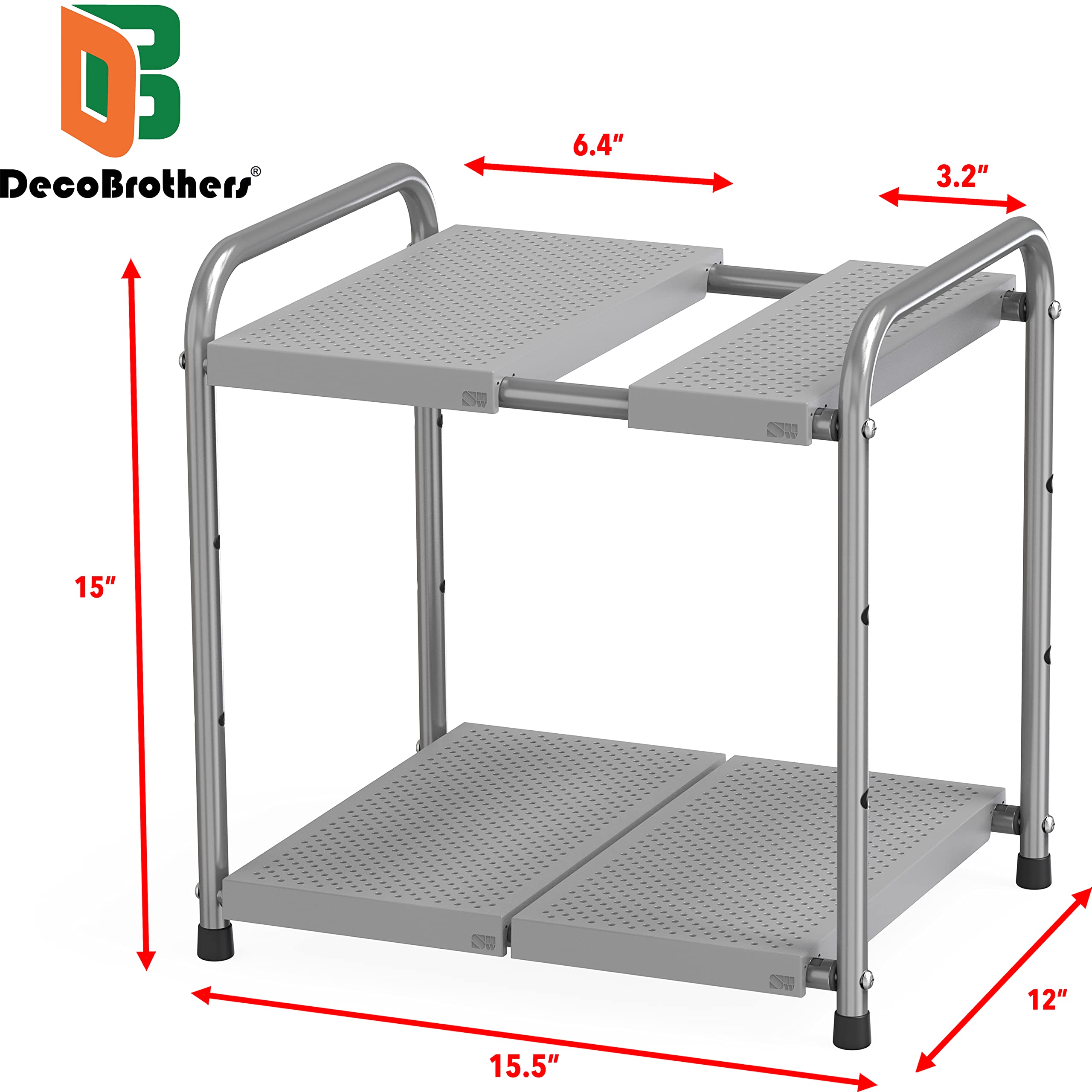 Deco Brothers 2-Tier Expandable Under Sink Shelf Organizer - Space Saving Kitchen Storage Rack for Bathroom & Cabinet Organization (Gray) - Perfect for Small Spaces & Clutter-Free Homes