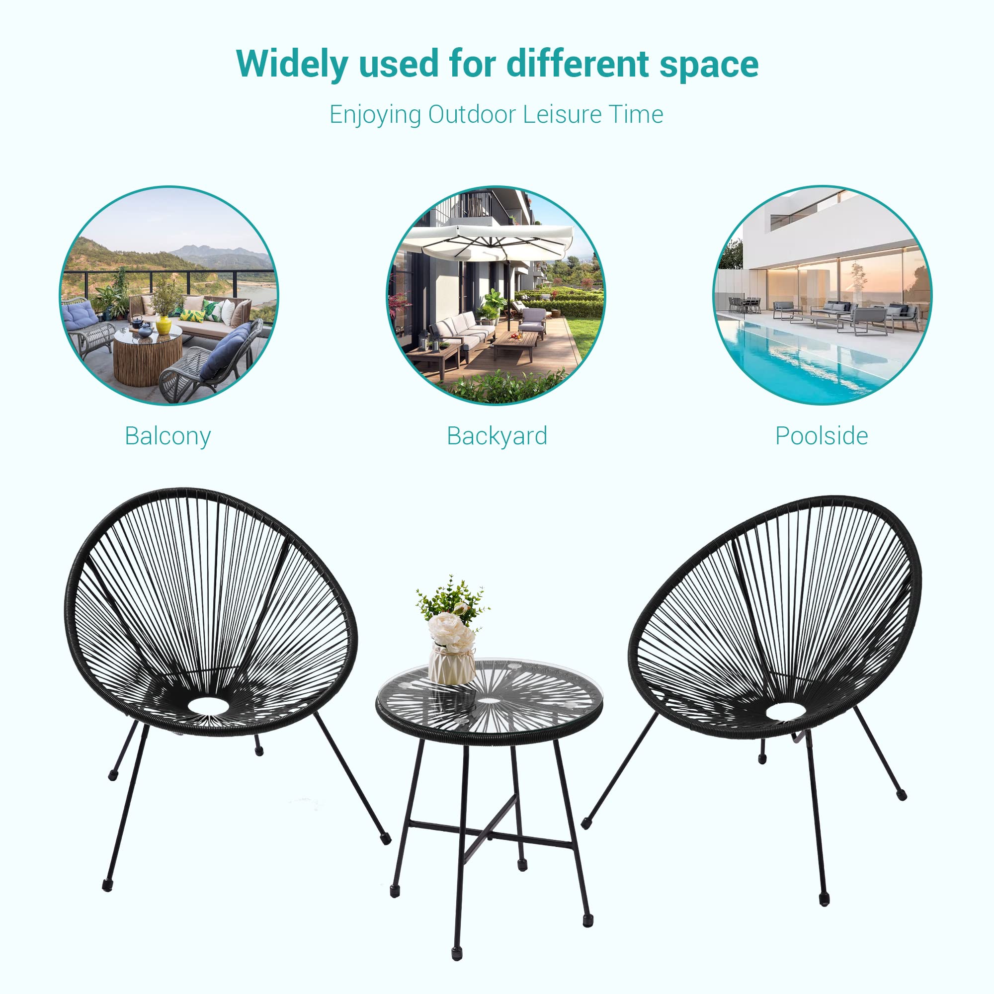 3-Piece Patio Furniture Set - Acapulco Chair with Tempered Glass Top Table & 2 Chairs - Indoor Outdoor Seating for Garden, Balcony, Poolside - Black