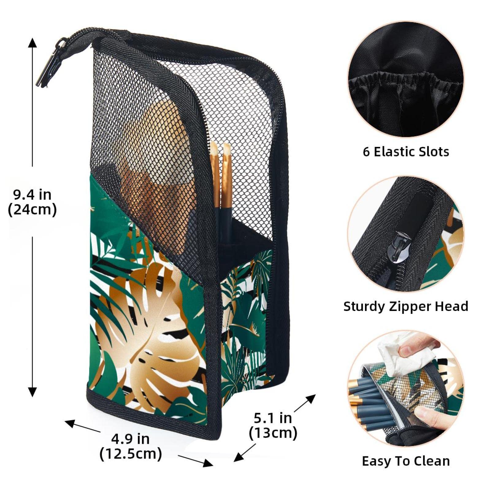 12-Piece Makeup Brush Organizer Bag with Tropical Green & Golden Palm Leaf Design - Portable Cosmetic Brush Holder Case for Travel, Home & Professional Makeup Storage