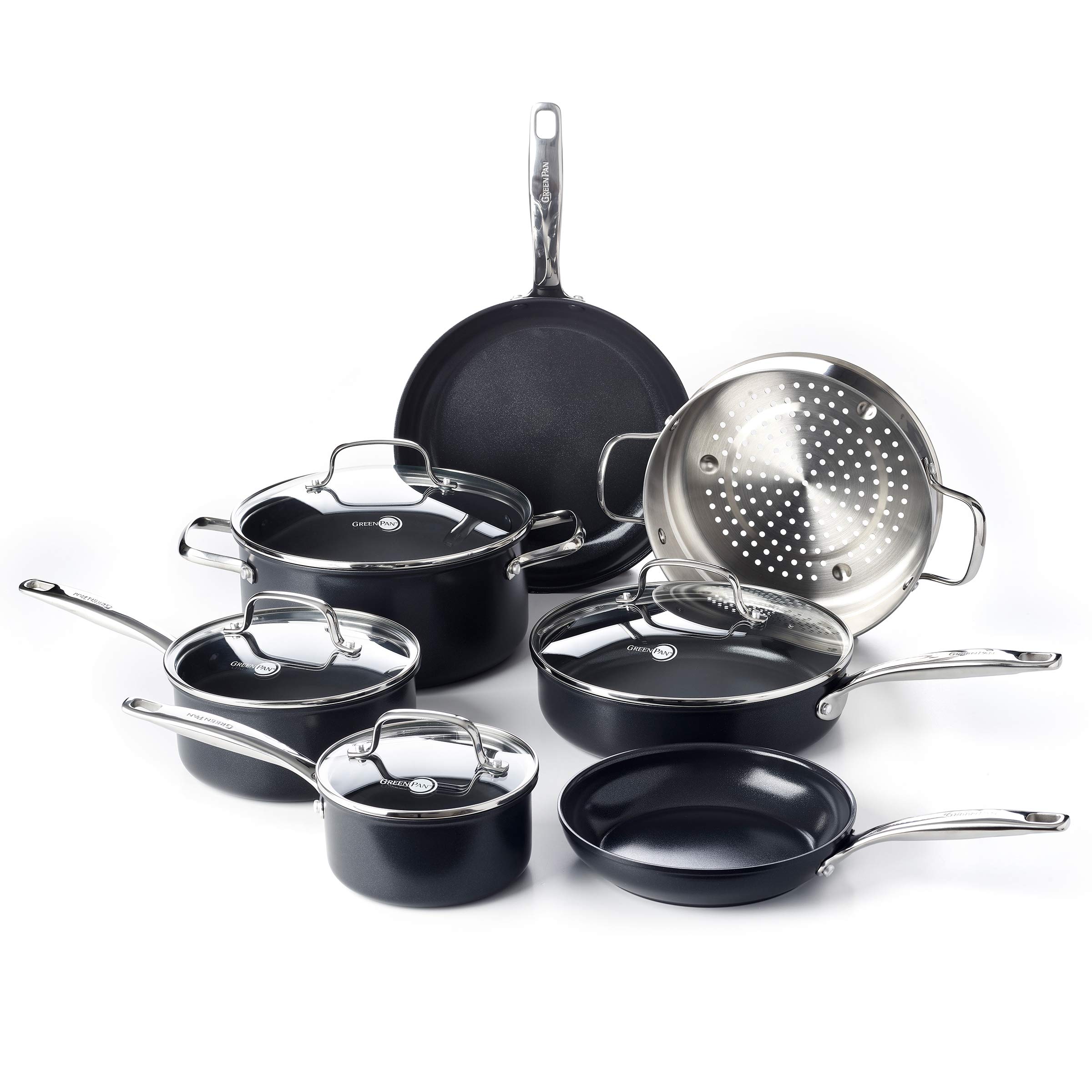 GreenPan Chatham Black Prime Midnight 11-Piece Nonstick Cookware Set – PFAS-Free, Dishwasher & Oven Safe, Hard Anodized Healthy Ceramic Coating – Perfect for Everyday Cooking, Family Meals & Professional Chefs