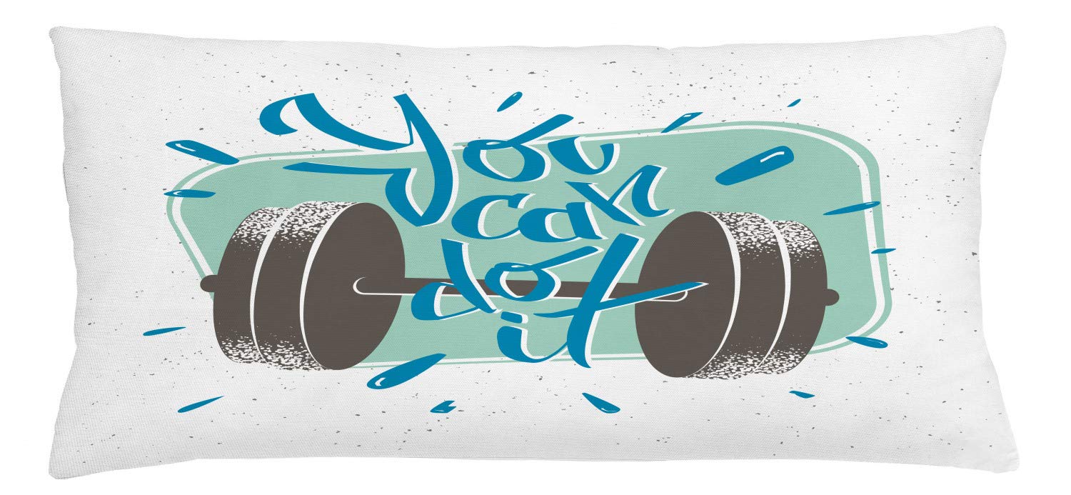 Ambesonne Fitness Throw Pillow Cover - Retro Dumbbell Design with 'You Can Do It' Motivational Phrase, Grey Almond Green Blue Decorative Rectangle Cushion Case 36x16 Inches - Perfect for Gym Decor, Home Workout Space & Fitness Enthusiast Gifts
