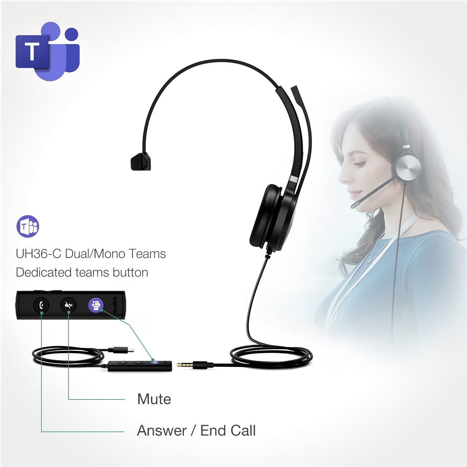 Yealink UH36 USB Wired Headset with Noise Cancelling Mic - Dual/Mono Mode for Office, Call Center & Remote Work | Comfortable Over-Ear Design for Long Wear