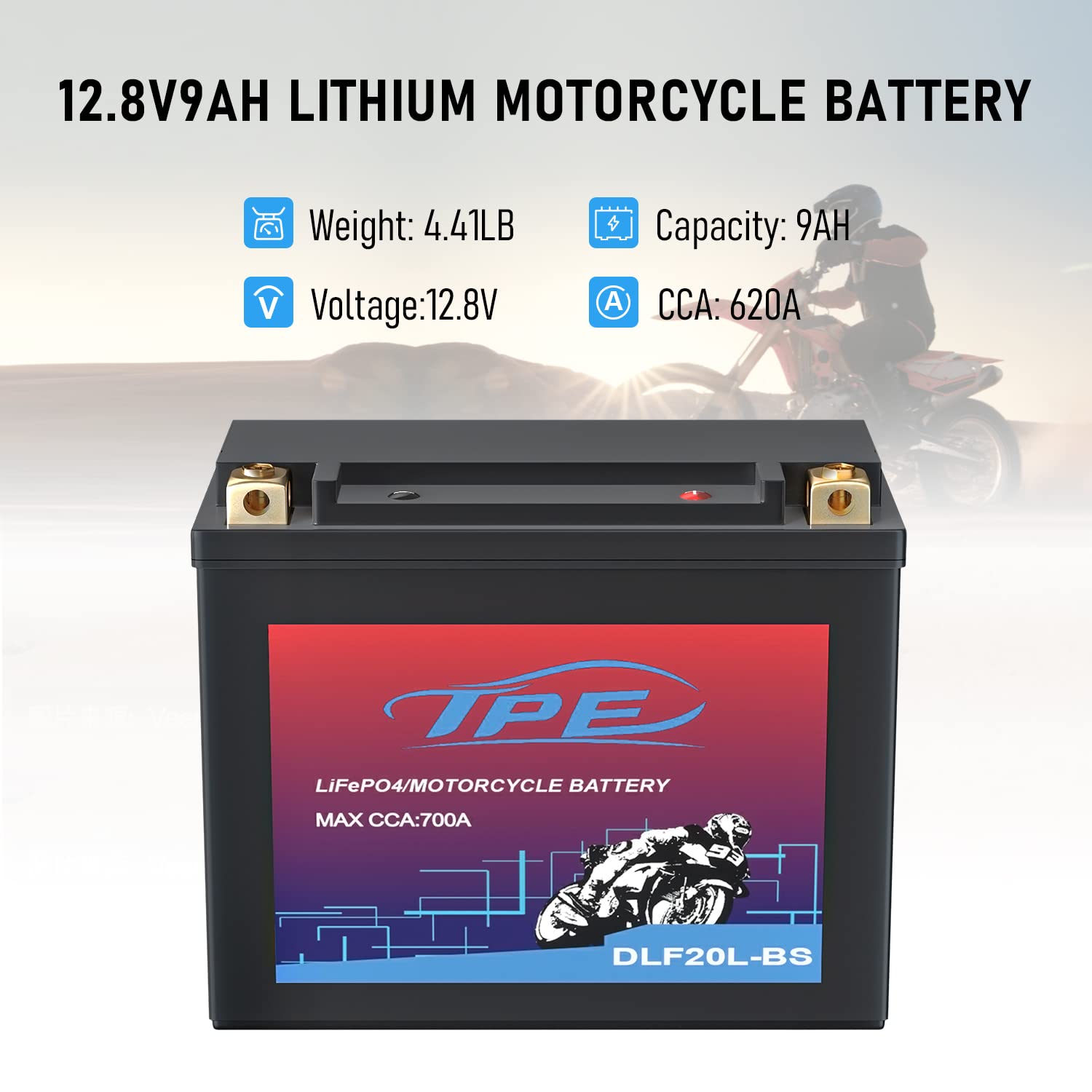 TPE Lithium Motorcycle Scooter Battery LiFePO4 12.8V 9AH 700CCA with Smart BMS - 2500-8000 Life Cycles | High-Performance Engine Start Battery for Electric Bikes, ATVs & Powersports | Reliable Power Solution for Commuting & Outdoor Adventures