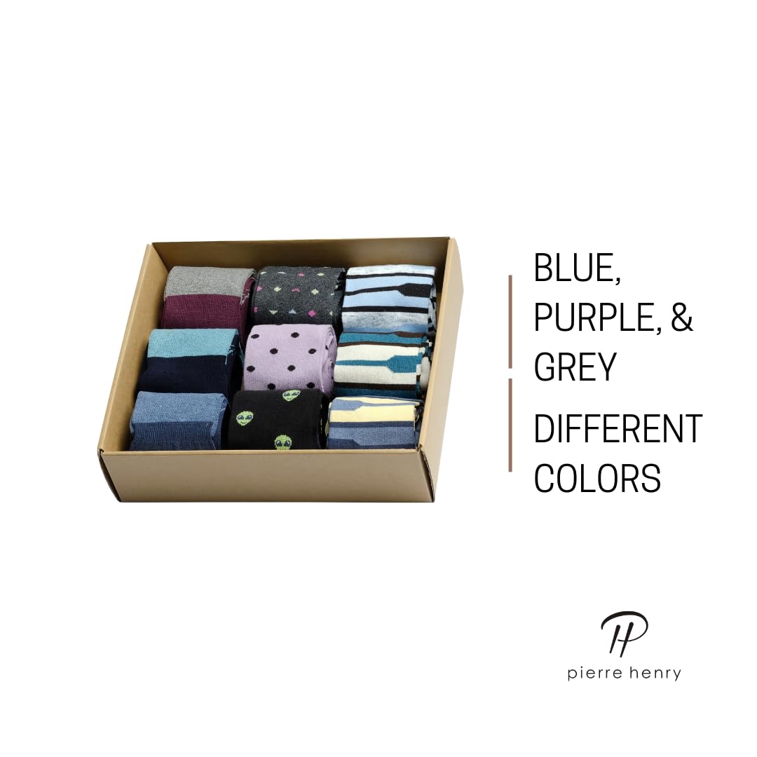 Pierre Henry Men's Over the Calf Dress Socks - 9 Pairs Colorful Funky Cotton Socks for Business & Casual Wear | Perfect for Office, Parties & Formal Events