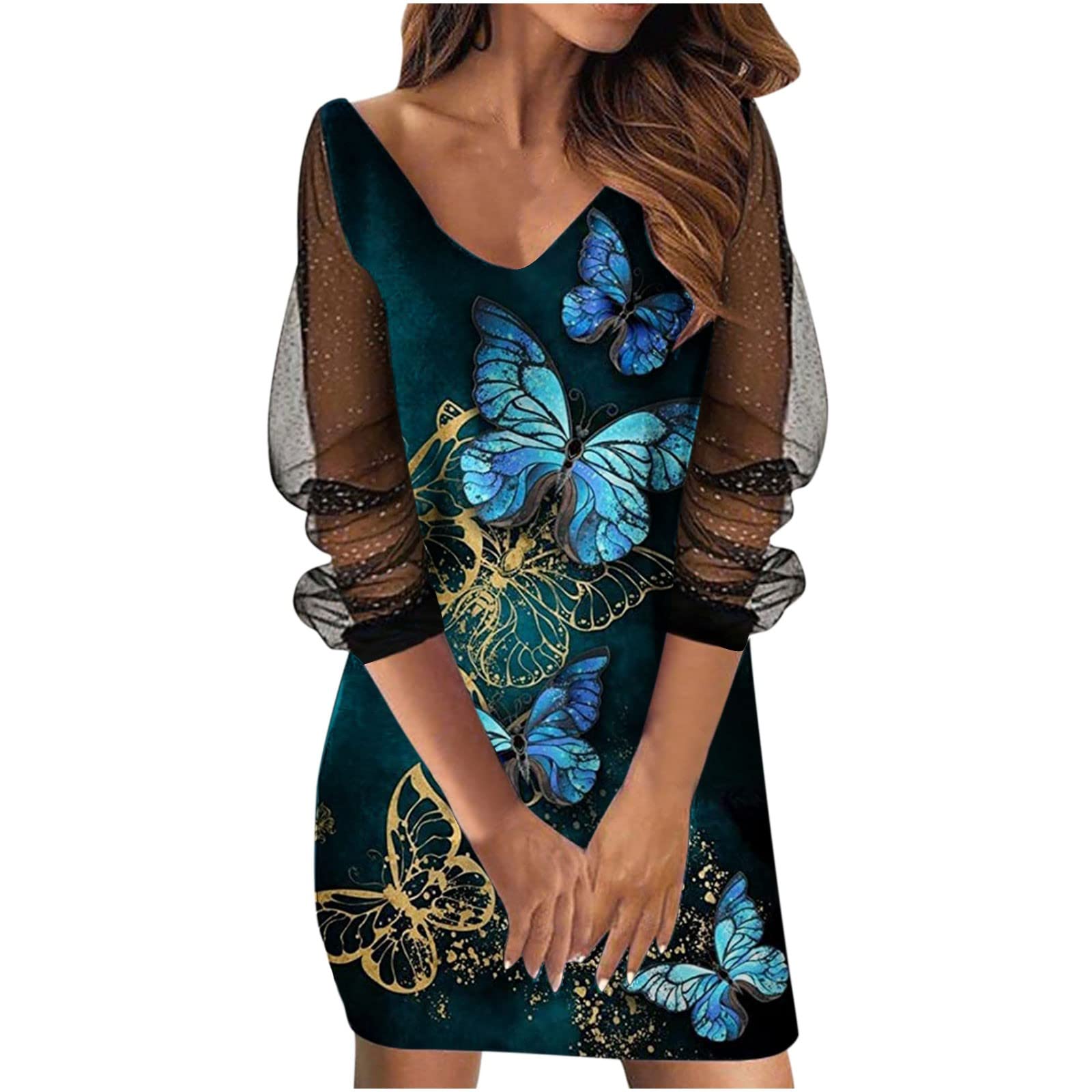 Maqroz Women's Vintage Floral Print V-Neck A-Line Mini Dress with Mesh Long Sleeves | Knee Length Party, Wedding Guest, Date Night & Office Wear