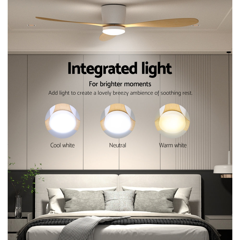 Devanti 52 Inch Ceiling Fan with LED Light and Remote Control - DC Motor, Light Wood Finish - Perfect for Living Room, Bedroom, and Outdoor Patio