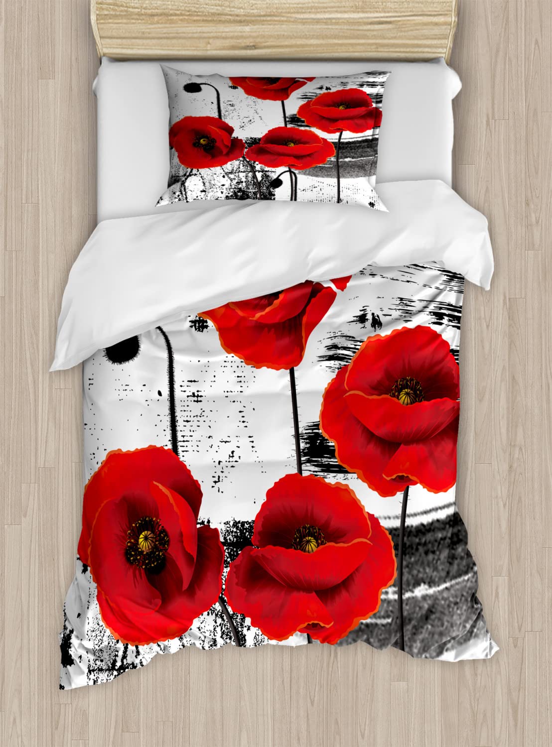 Ambesonne Poppy Flower Duvet Cover Set - Queen Size 2-Piece with 4 Pillowcases, Blossom Composition & Grunge Brush Design in Vermilion Grey | Perfect for Bohemian & Vintage Bedroom Decor
