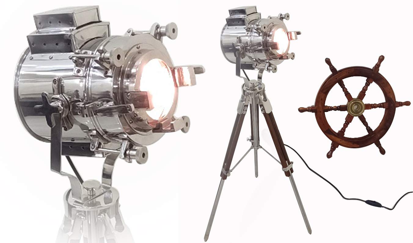 THOR INSTRUMENTS Vintage Nautical Spotlight - Adjustable Searchlight with Studio Tripod, Rustic Table Lamp for Home Decor, Collectible Gift | Perfect for Coastal Themed Rooms, Man Caves & Office Lighting